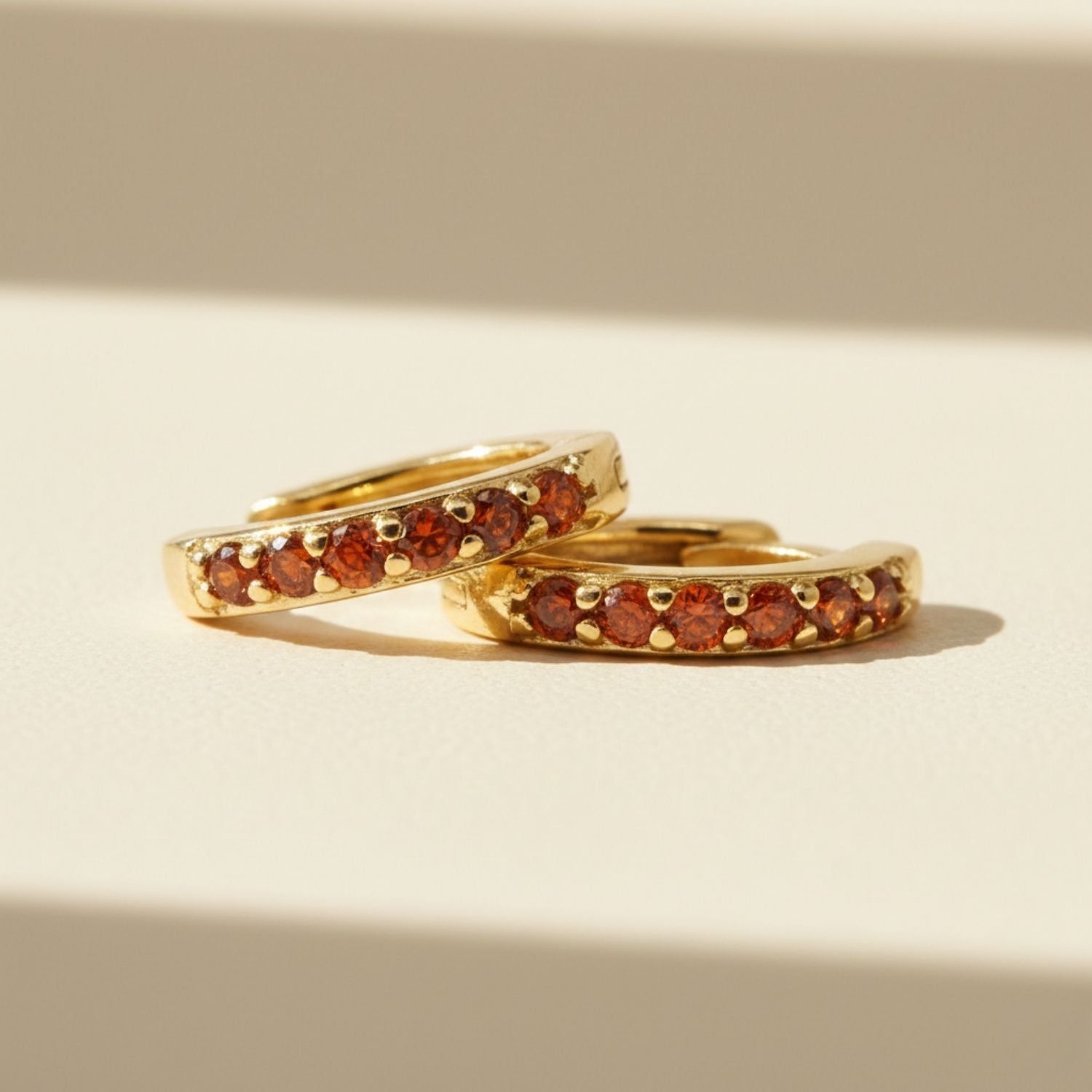 Garnet January Birthstone Small Huggie Gold Plated Hoop Earrings