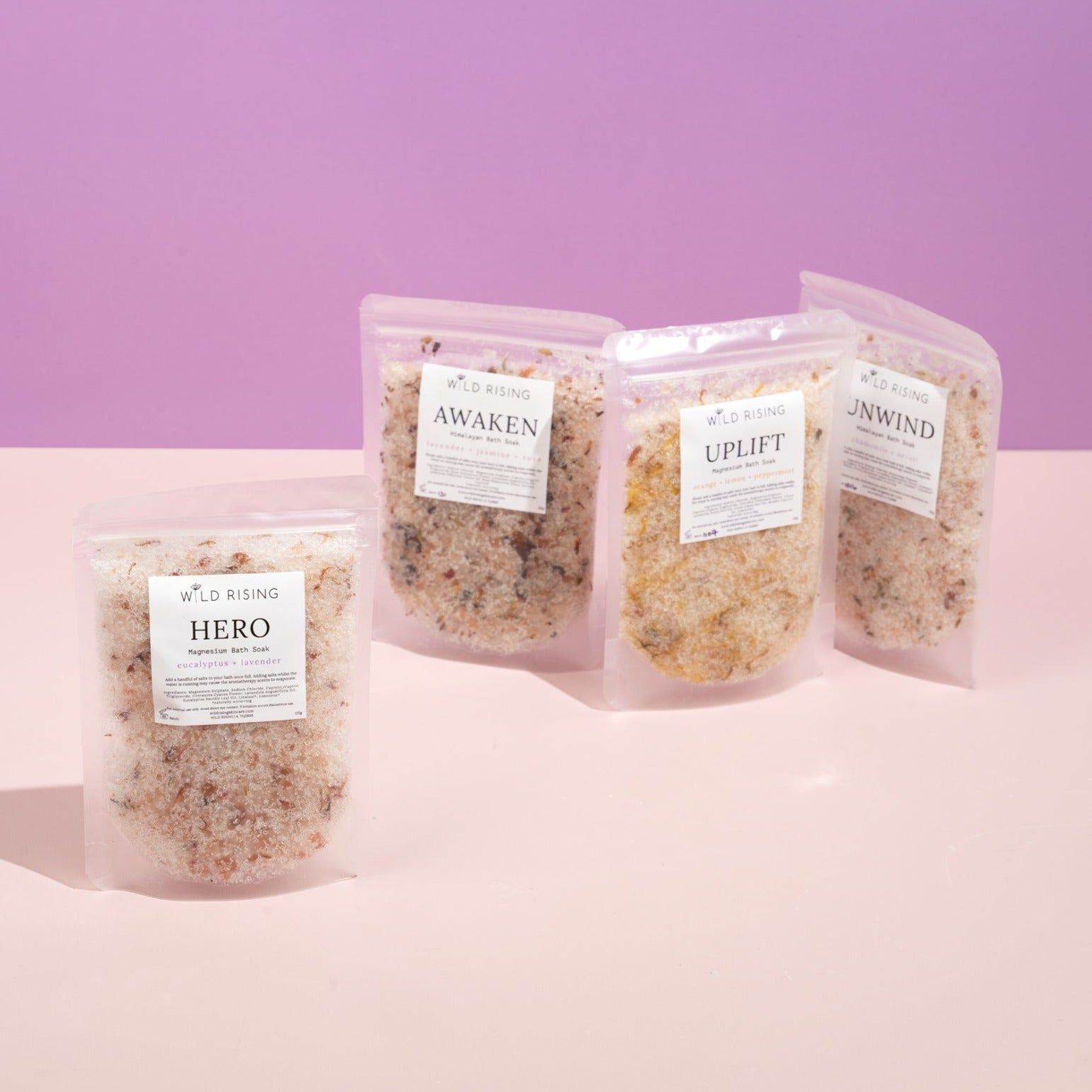 Organic &amp; Natural Complete Bath Salt Set | Awaken, Unwind, Uplift &amp; Hero | 4 x 125g