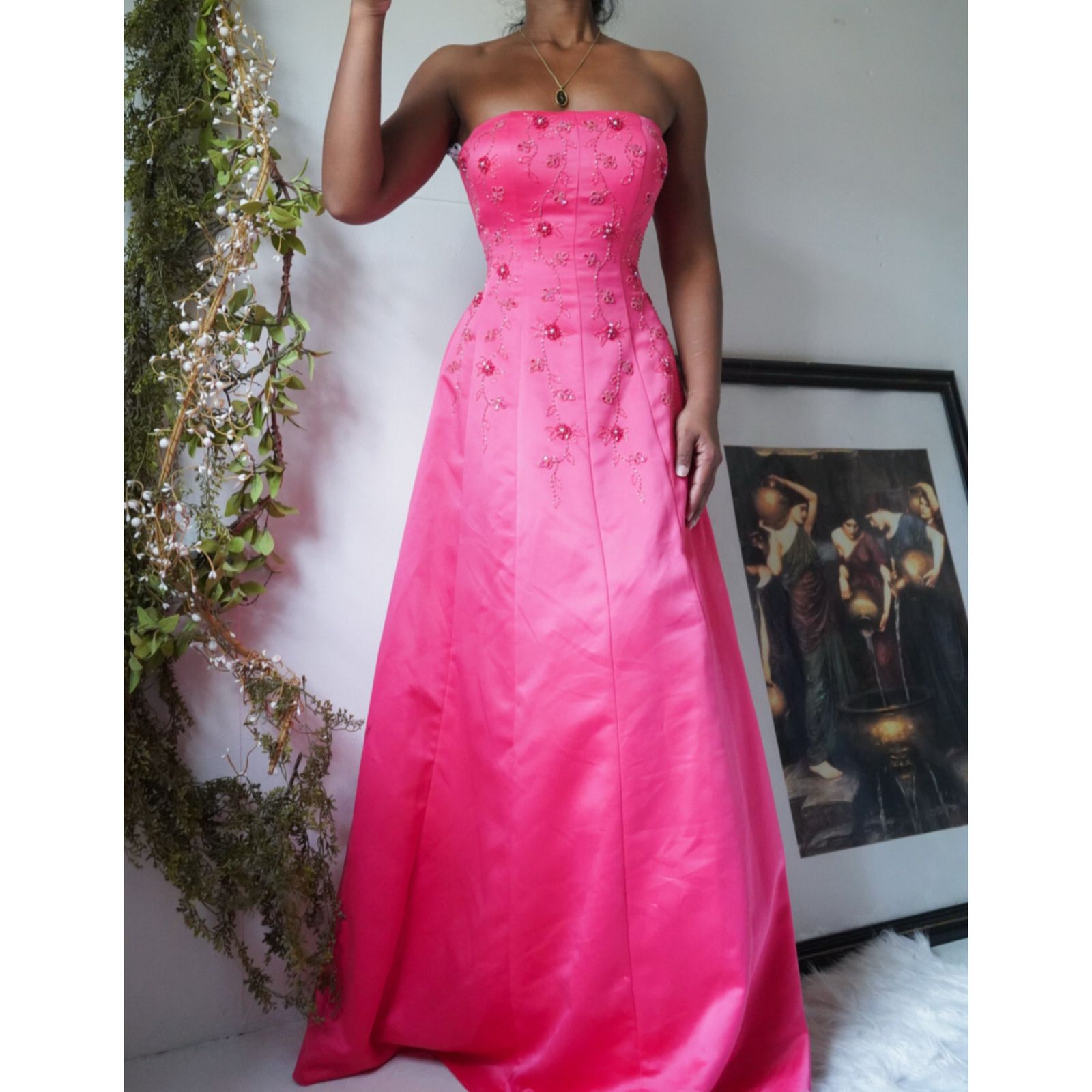 Bright Coral Pink Beaded Detail Princess Gown