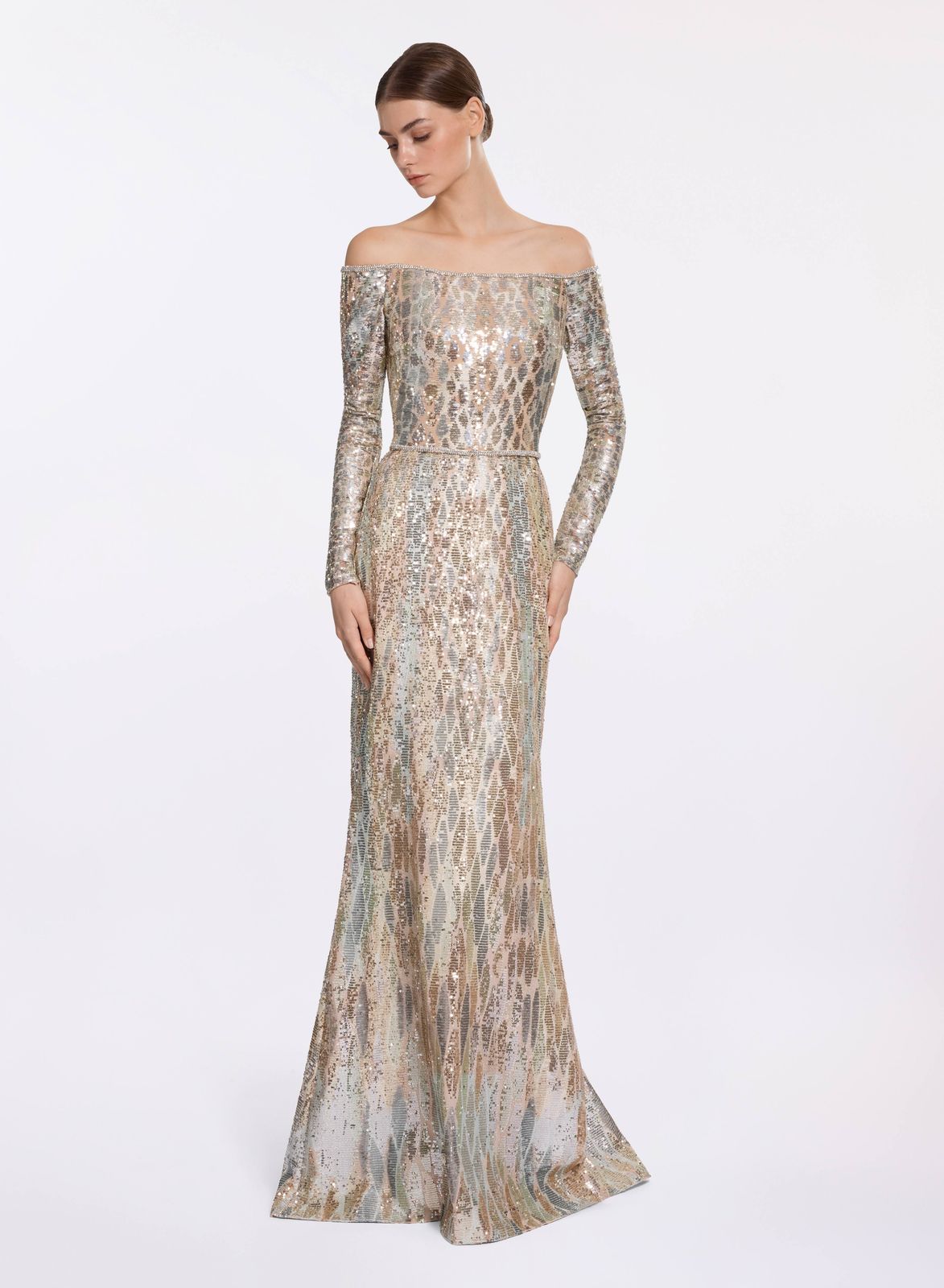 Sequin Embroidered Off-The-Shoulder Gown
