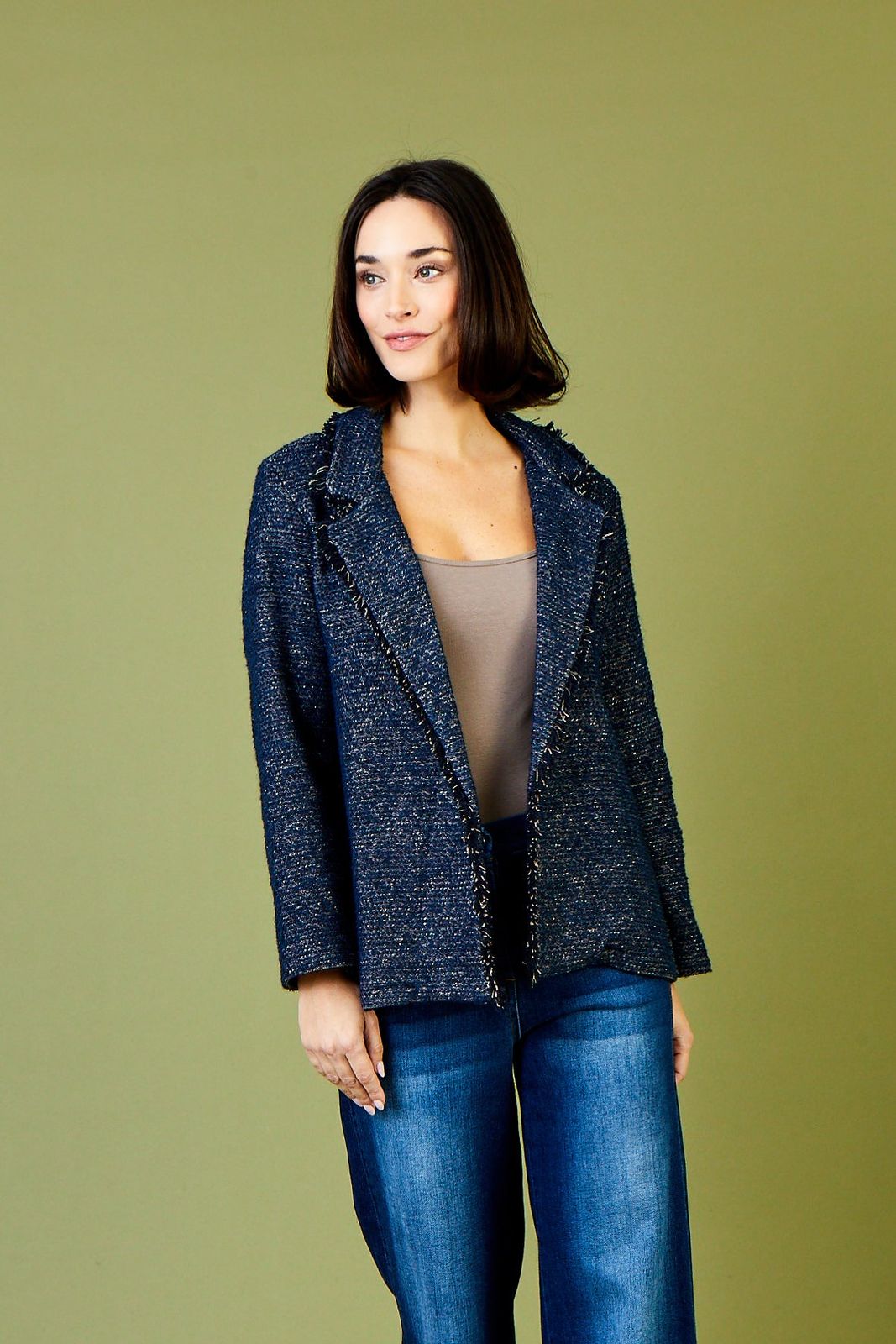 Giabella Frayed Trim Long Jacket With Lurex Detail