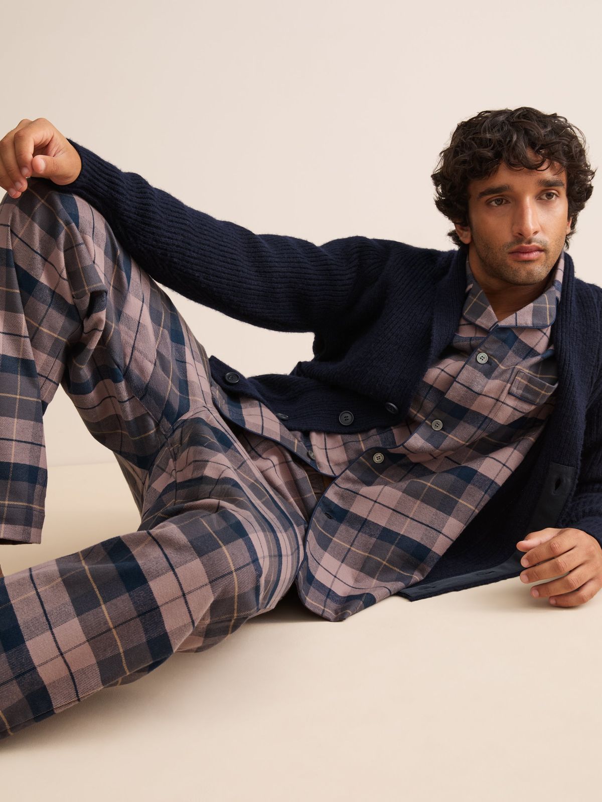 Kelburn Brushed Cotton Pyjamas Navy & Dusty Pink Check