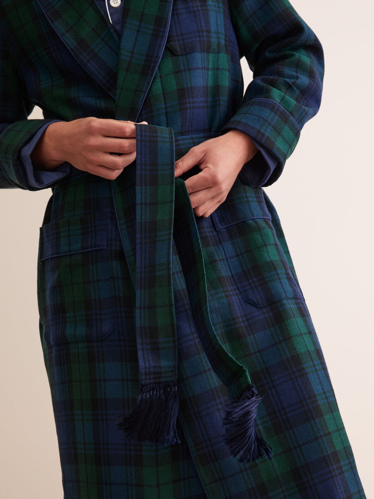 Tartan Merino Wool Dressing Gown Navy Blue Black Watch