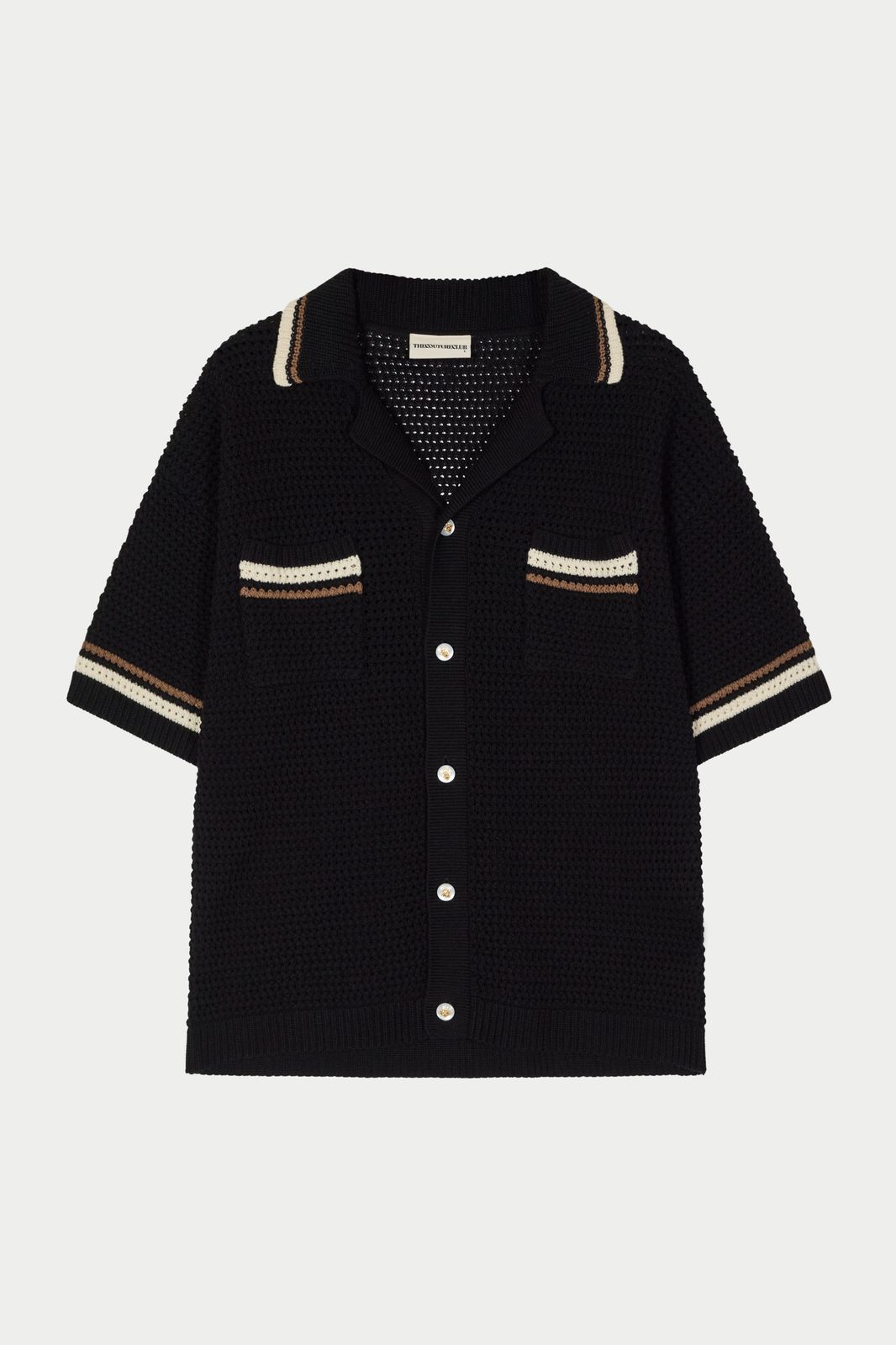 CROCHET KNITTED STRIPE BUTTON THROUGH SHIRT - BLACK