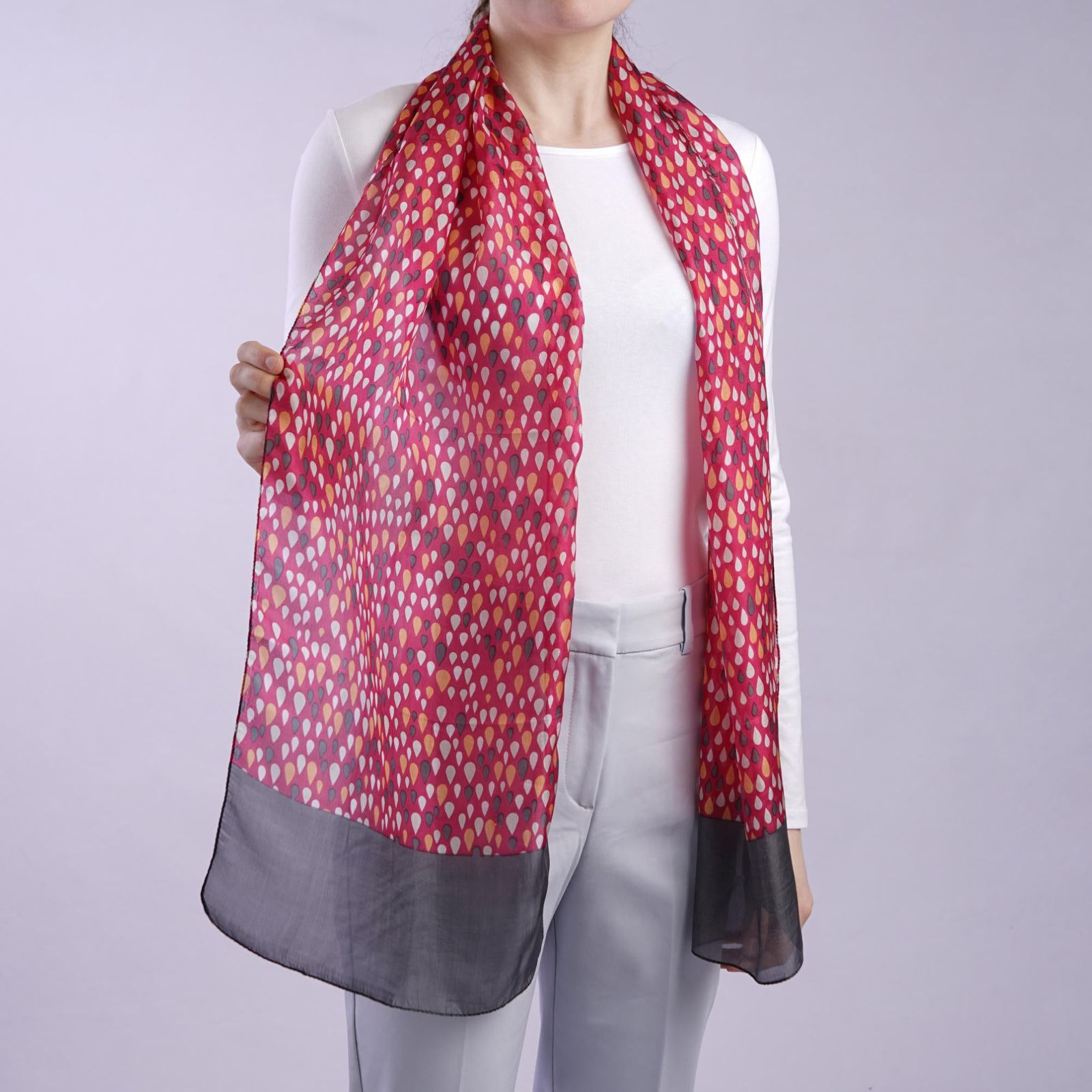 Tiffany | Silk Chiffon Neck Scarf - Raspberry Pink & Grey Raindrops