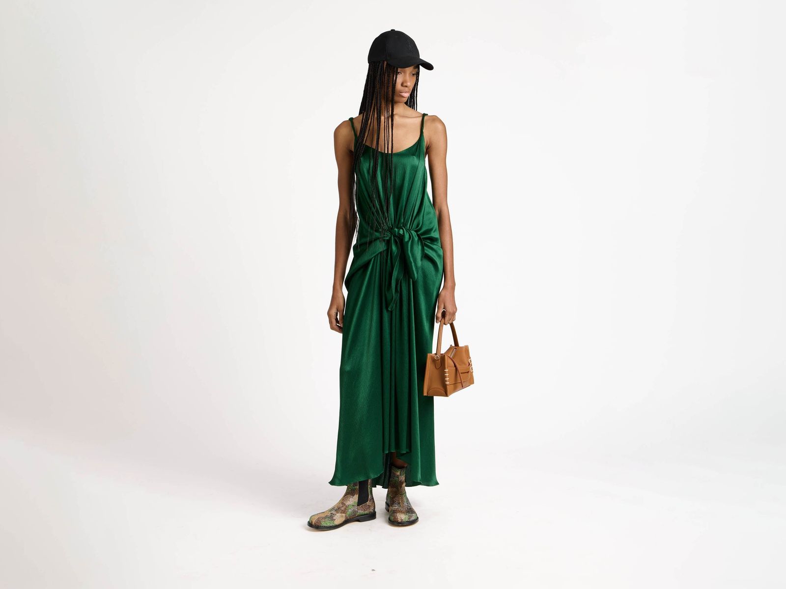 WOMENS KNOTTED WAIST LONGLINE DRESS IN BOTTLE GREEN