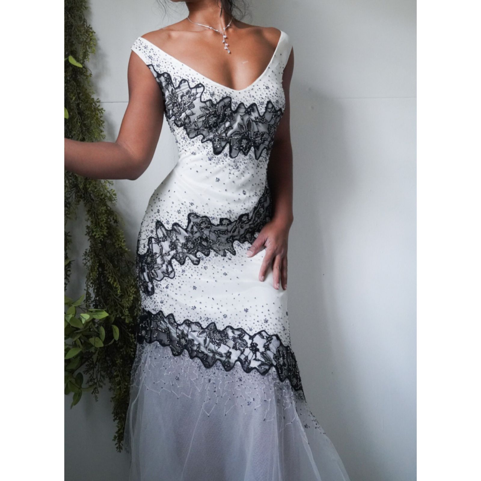 Y2K Beaded Monochrome Tulle Hem Gown