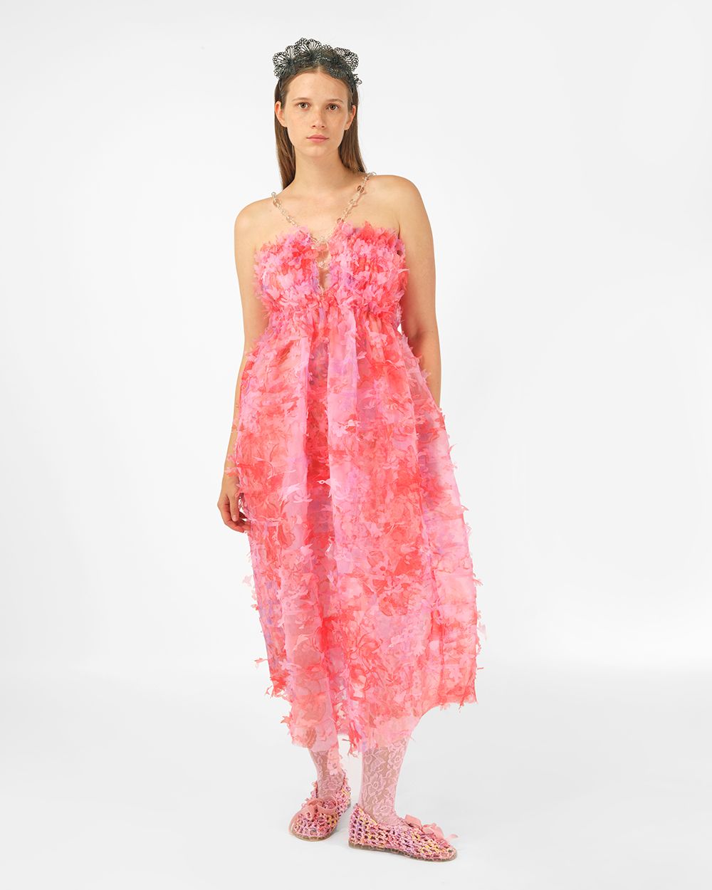 BEADED SMOCKED LASER-CUT MIDI DRESS