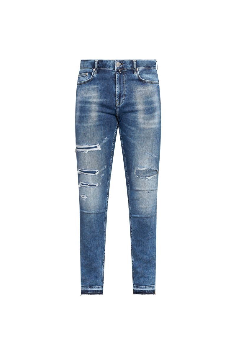 Distressed Slim Fit Jeans – Mid Blue Wash