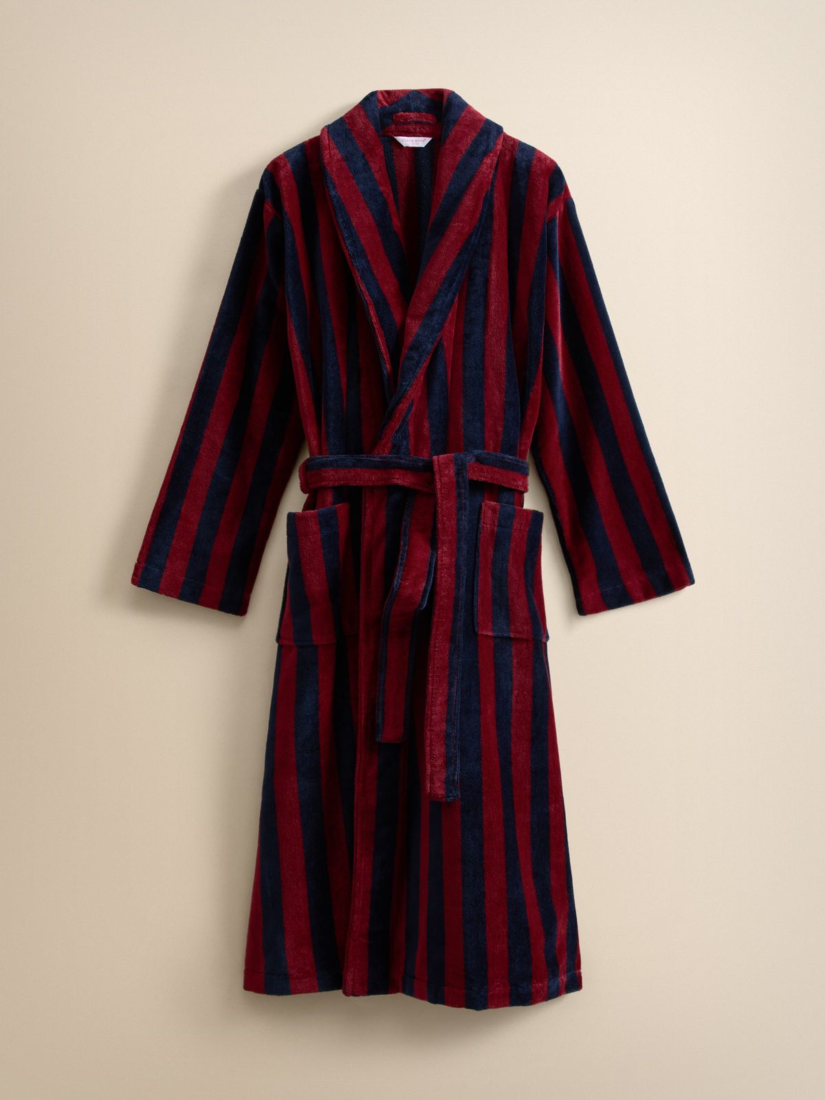 Aston Cotton Velour Bathrobe Red & Navy Stripe