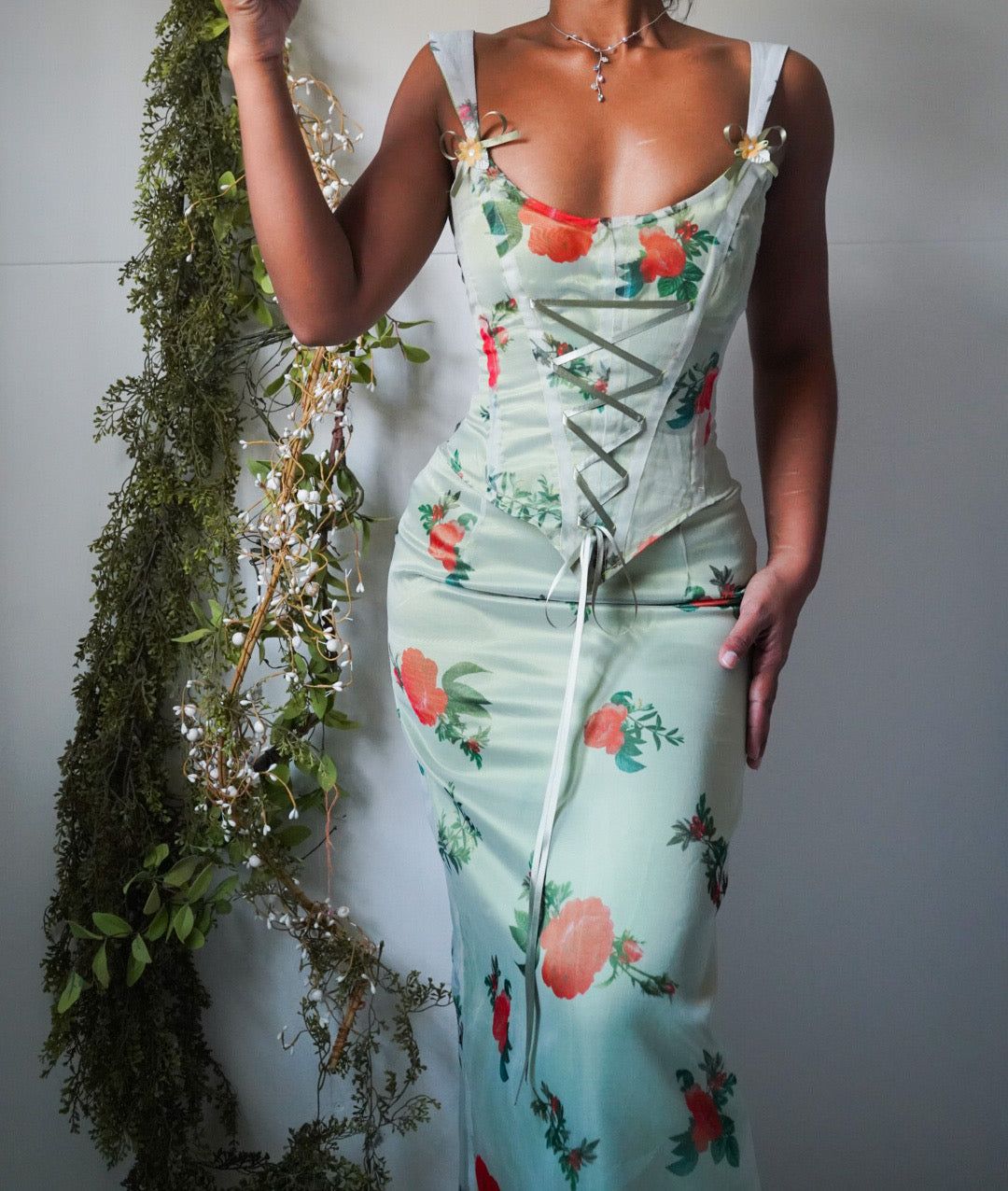 Handmade Satin and Organza Rose Corset 2 Piece