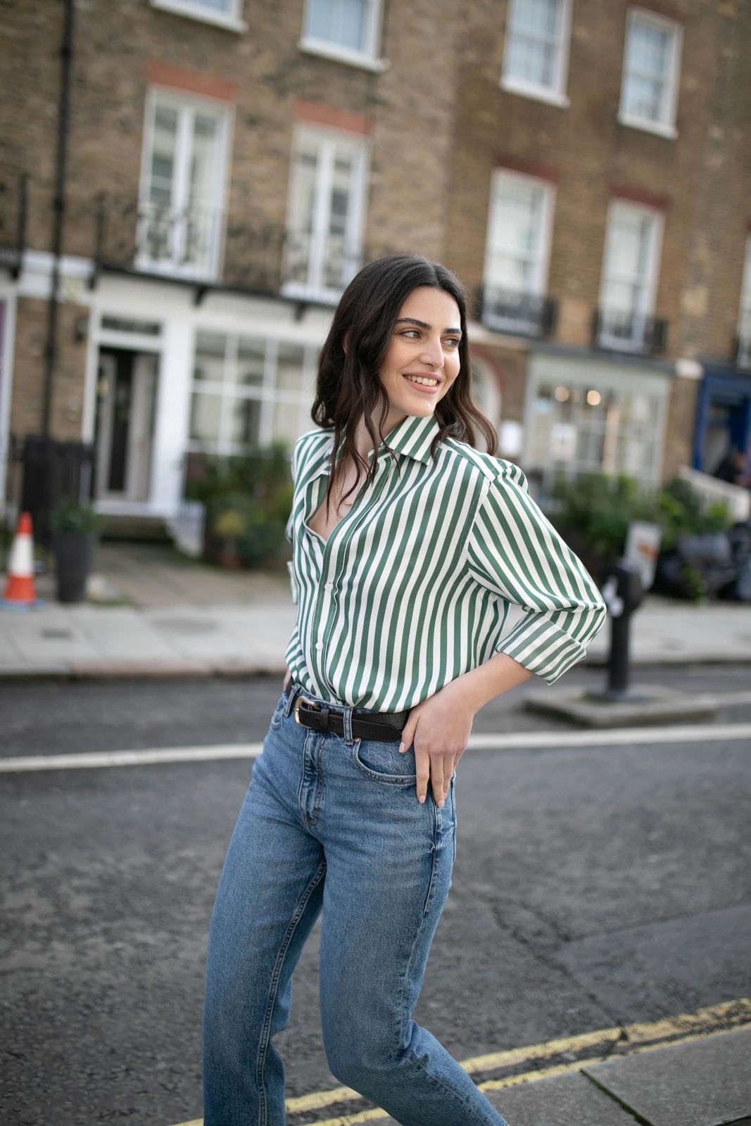 The Boyfriend: TENCEL™ Lyocell, Forest Green Stripe