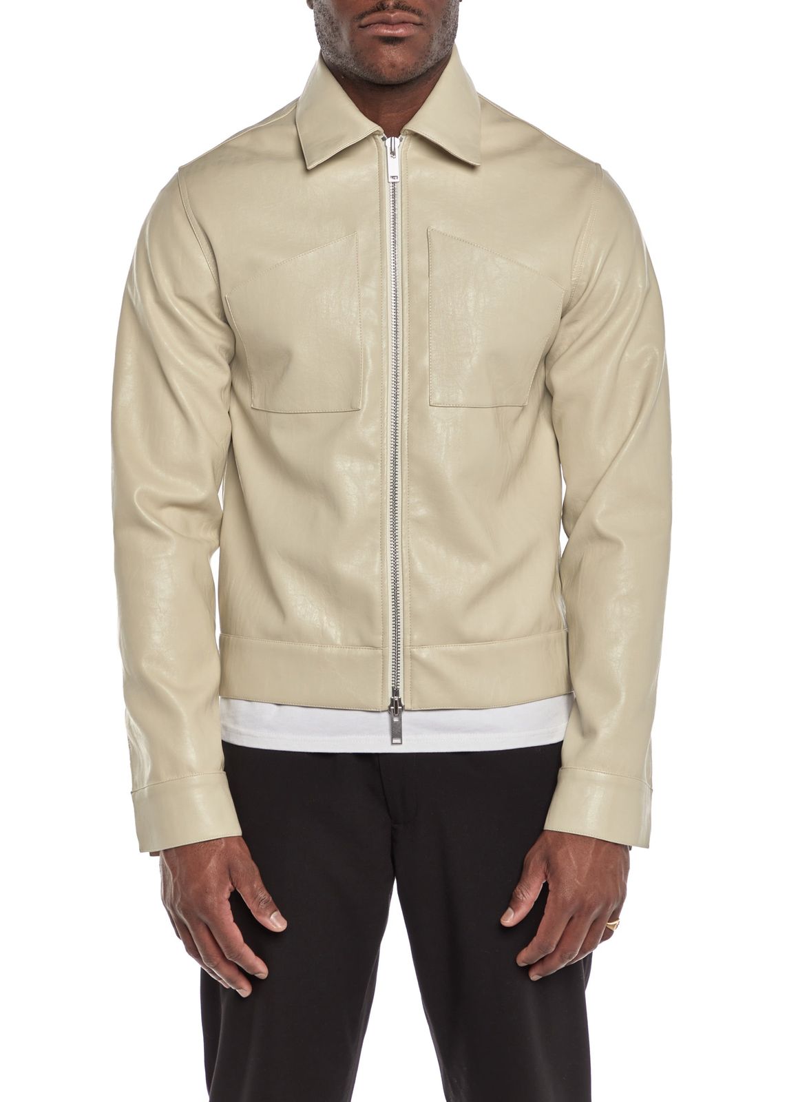 Cream Zipped Vegan Leather Jacket