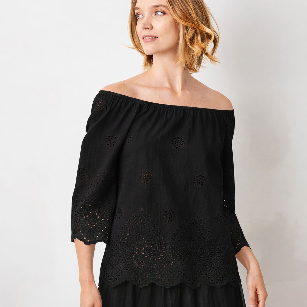 Whimsy Broderie Anglaise Bardot Wide Sleeve top