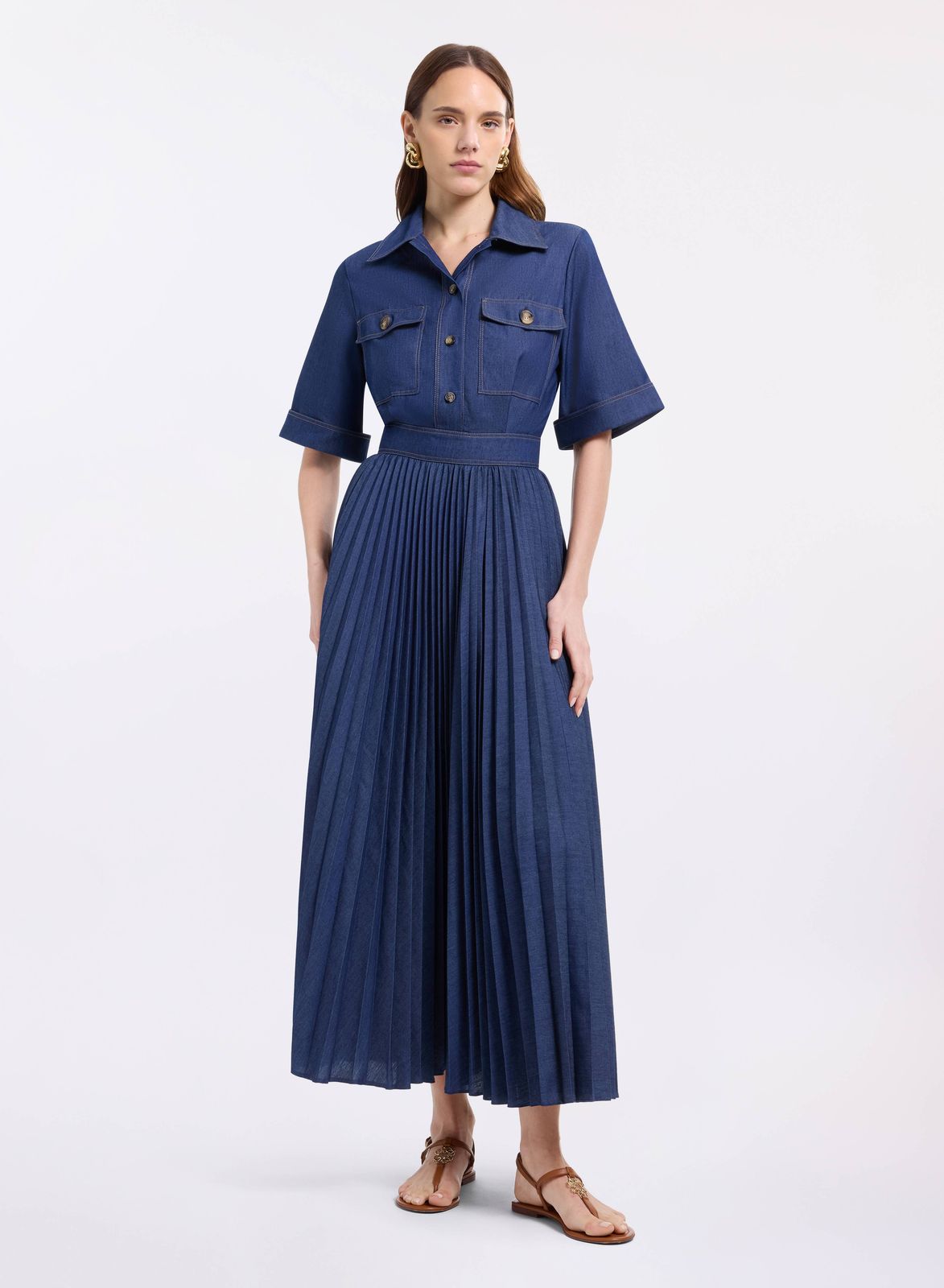 Pleated Denim Midi Dress