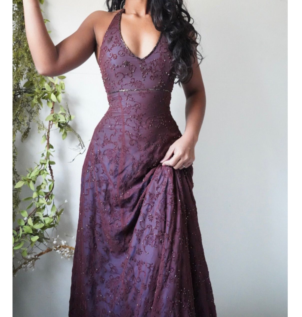 Brown and Turquoise Layered Beaded Halter Gown