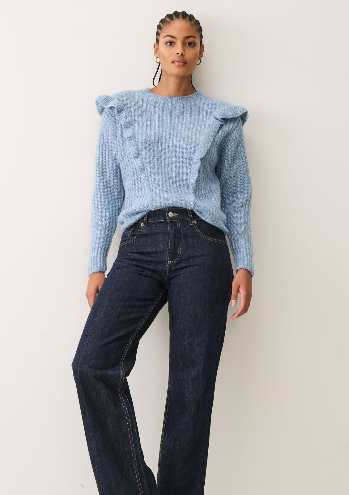 Silk & Cashmere Frilled Sweater in Frosty Blue
