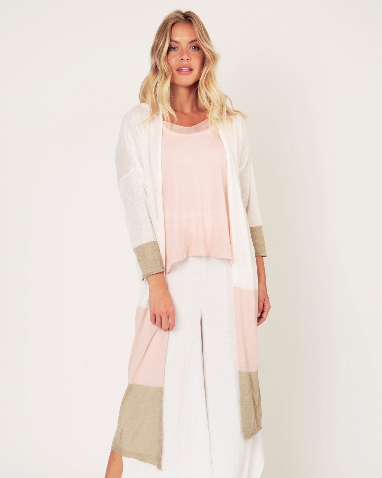 Frankie Long Linen Mix Block Colour Cardi