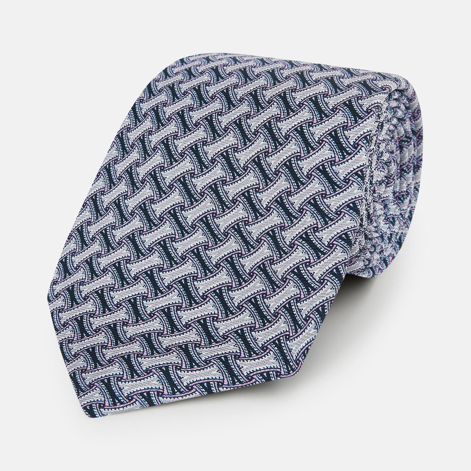 Navy and Pink Weave Patterned Silk Tie