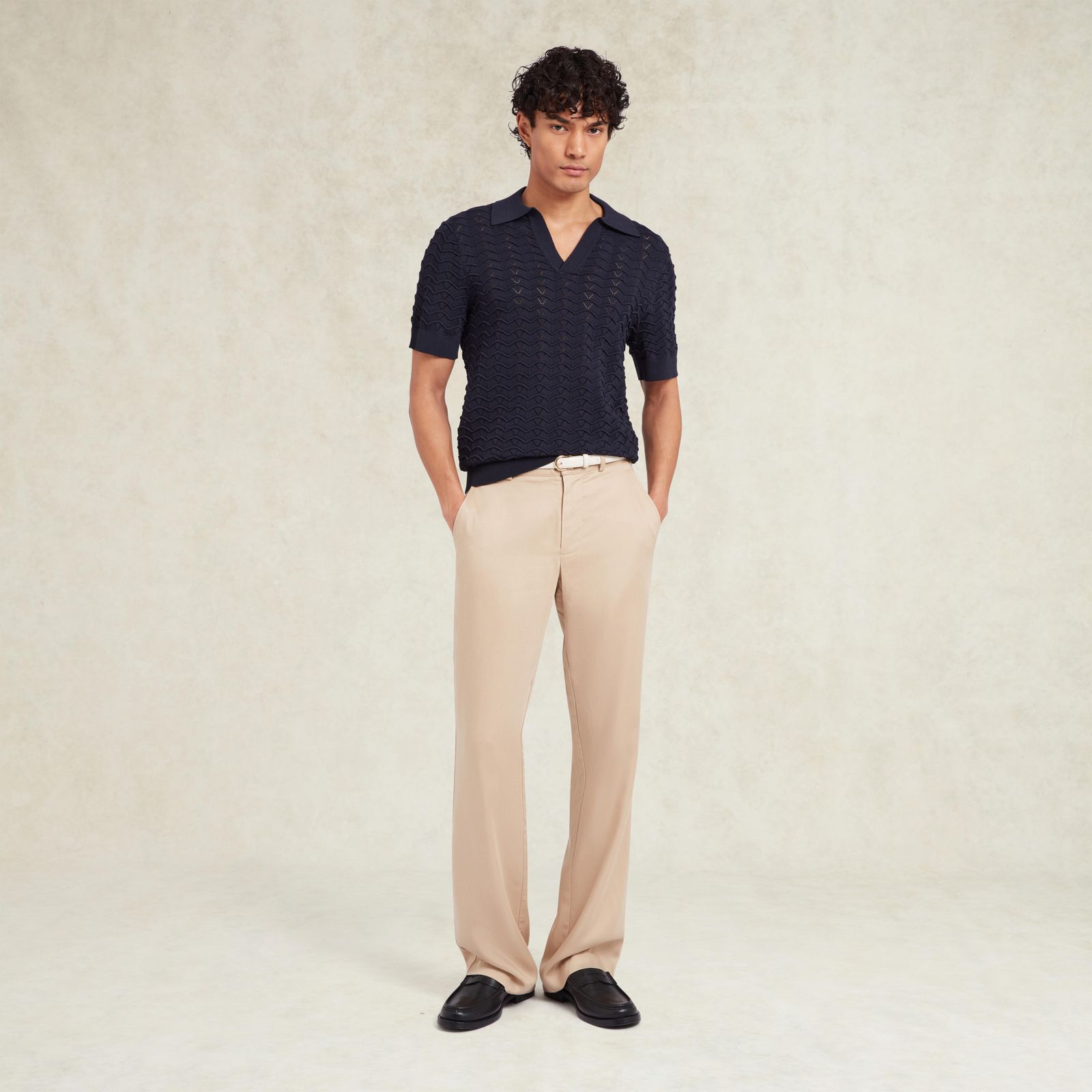 Ripple Knit Open Neck Polo - Navy