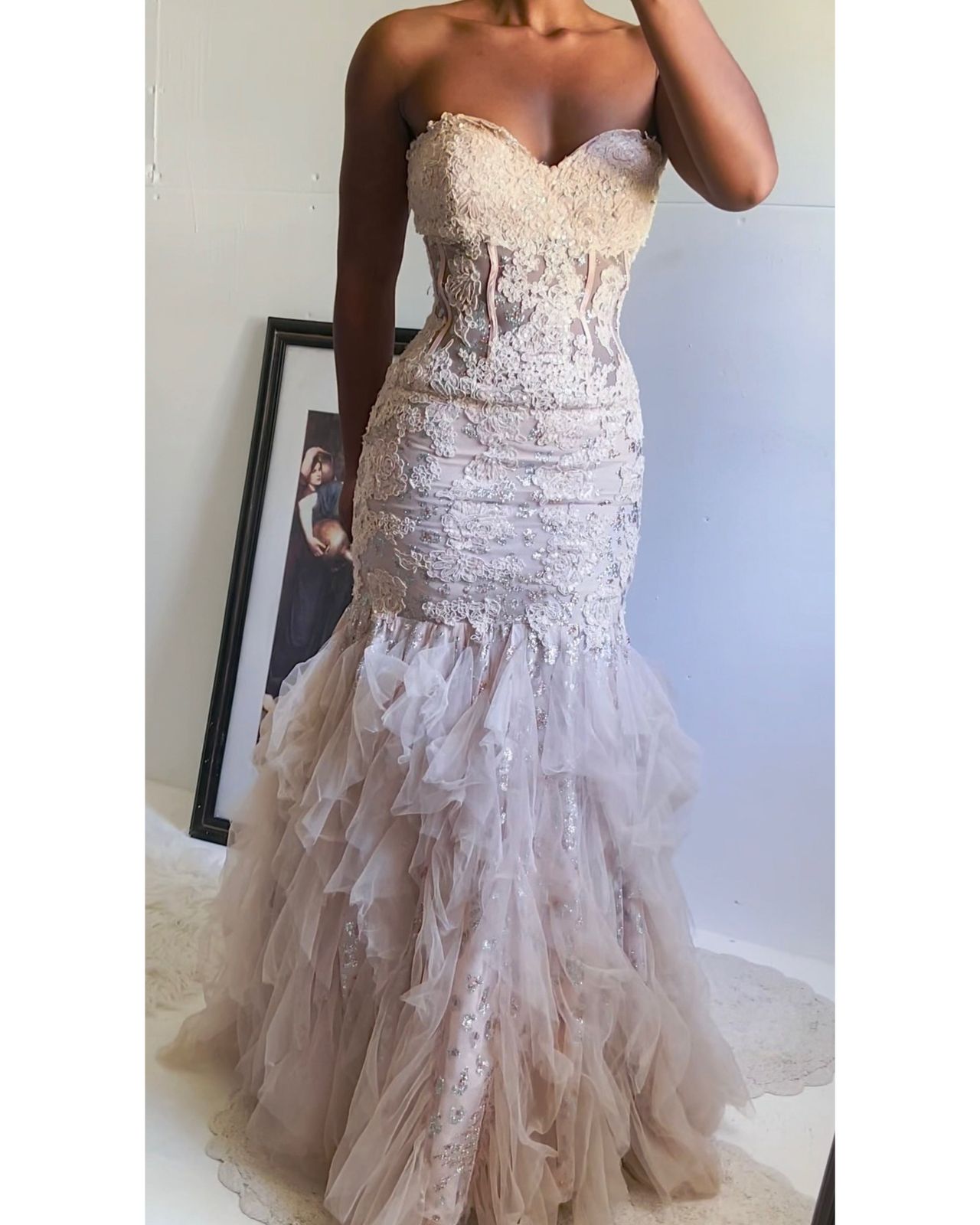 Vintage Y2K Beige Lace Ruffle Hem Corset Gown
