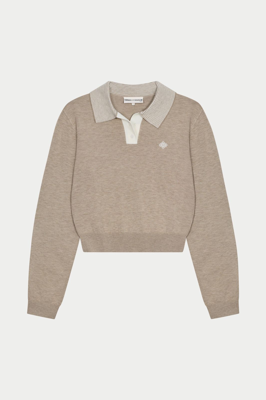 LONG SLEEVE KNITTED COLLAR POLO TOP - BEIGE