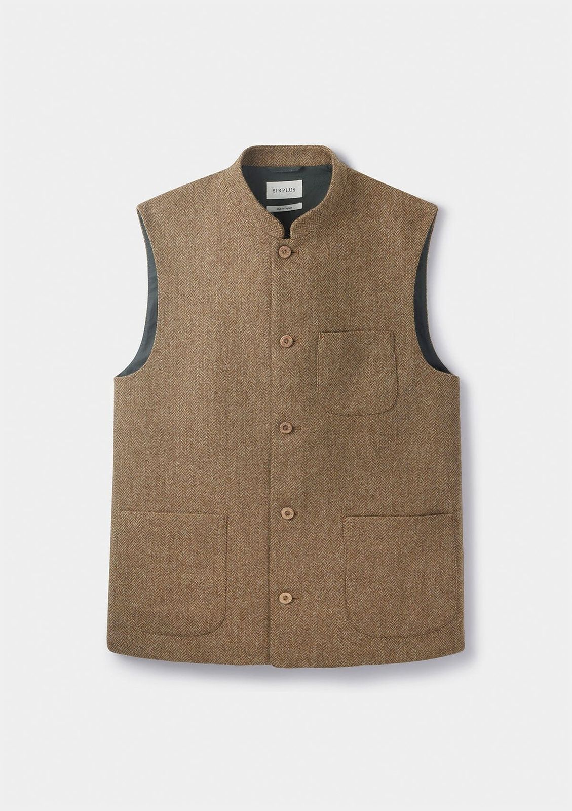 Fawn Herringbone Wool Nehru Waistcoat