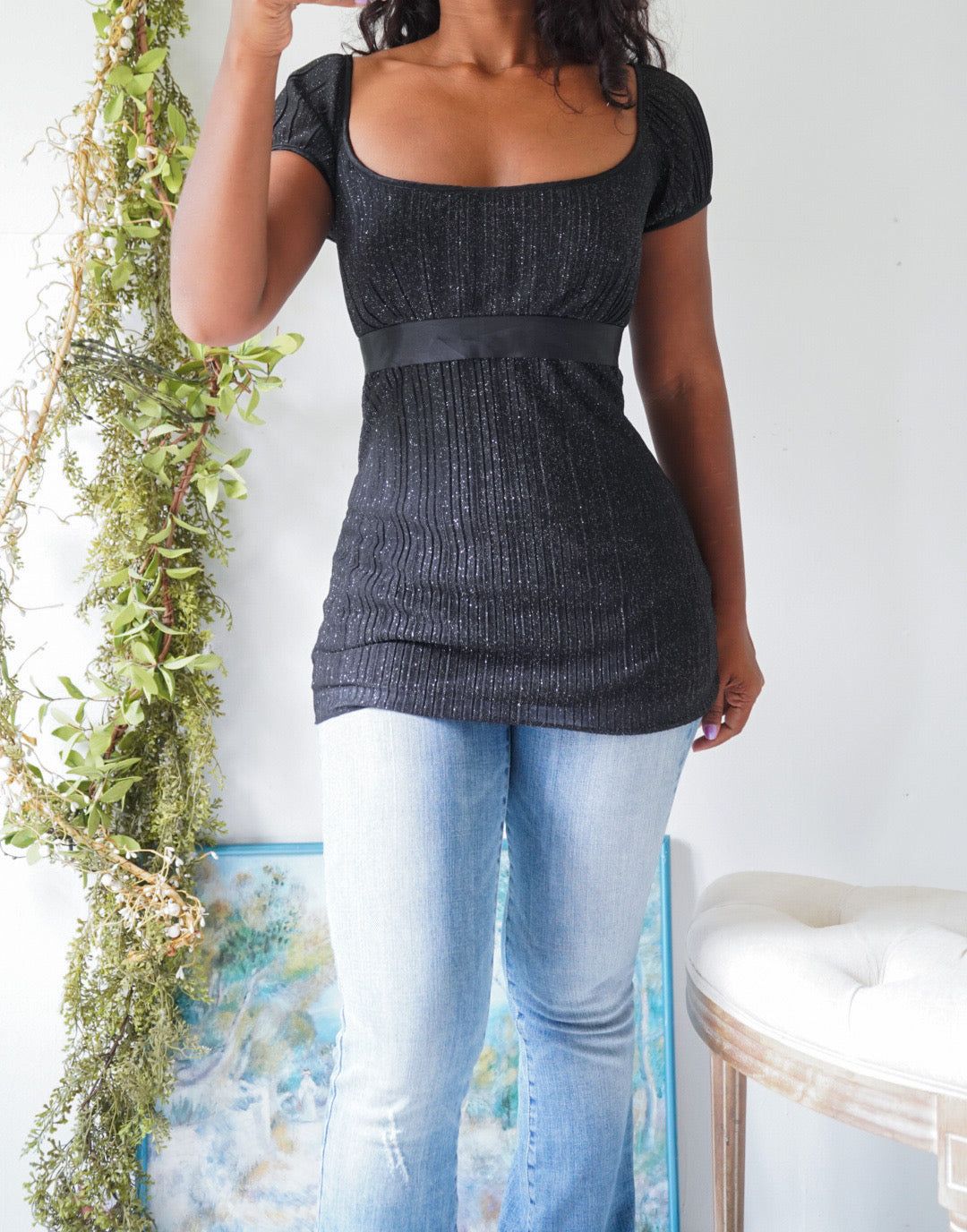 Y2K Black Sparkle Tie Back Milkmaid Top