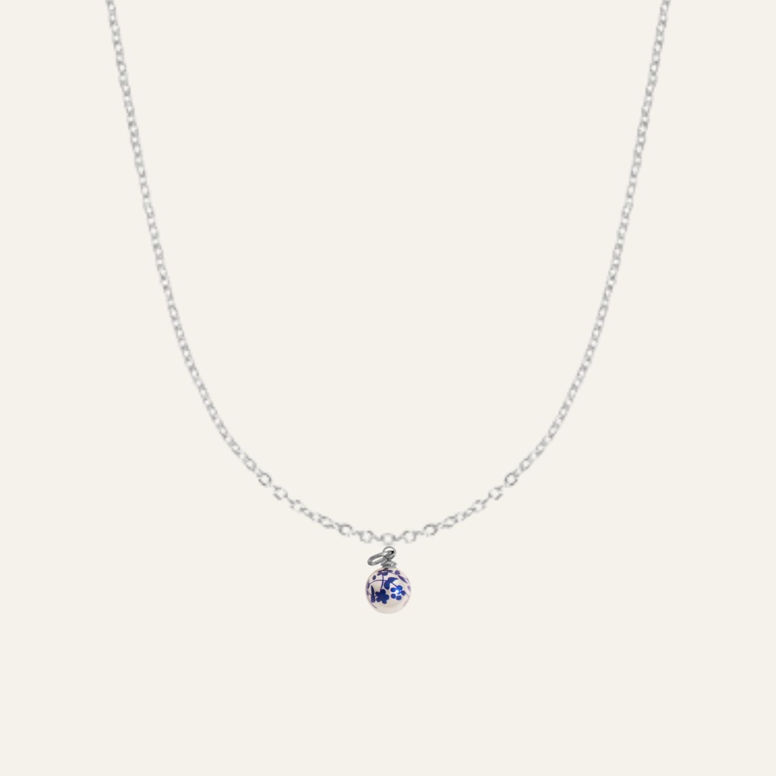 Crimped Oval Chain with Floral Printed Pearl | with Silver hardware