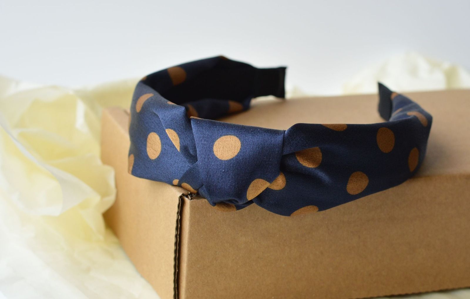 Twisted Knot Headband Navy Blue with Gold Polka Dot Silky Fabric Rigid Hair band