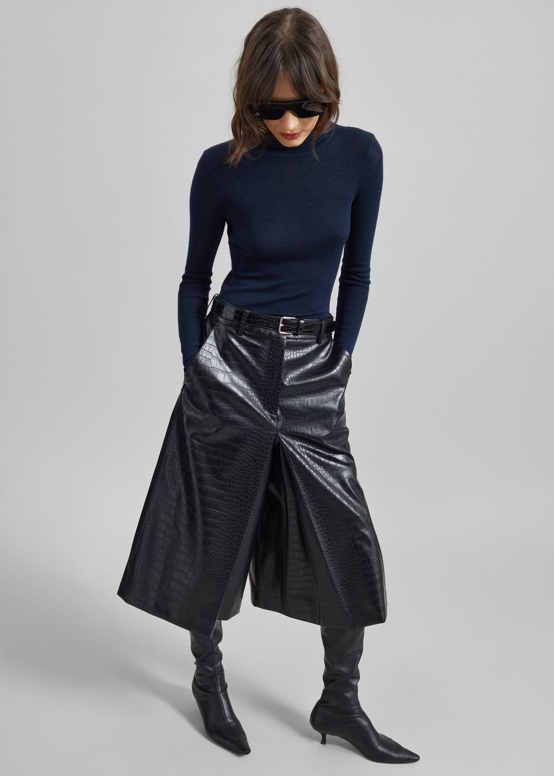 Vivonne Croc Faux Leather Culottes - Black