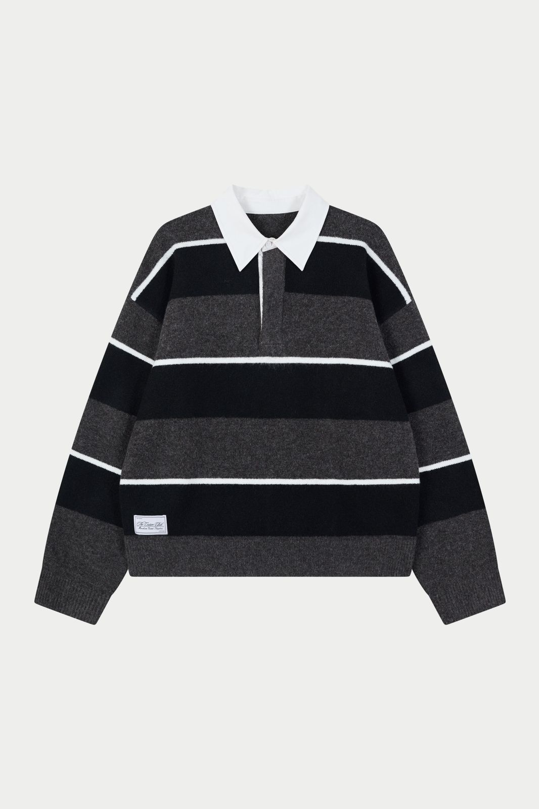 STRIPE CONTRAST COLLAR KNIT CREW - CHARCOAL