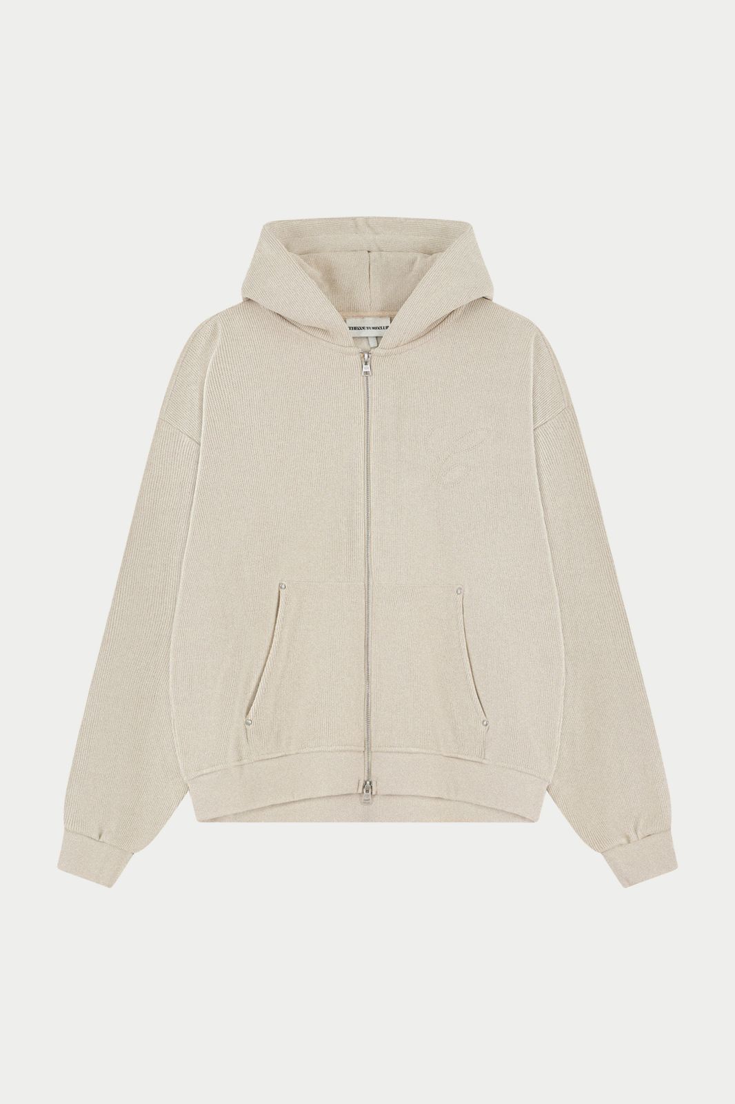 KNIT CONTRAST BINDING ZIP THROUGH HOODIE - BEIGE
