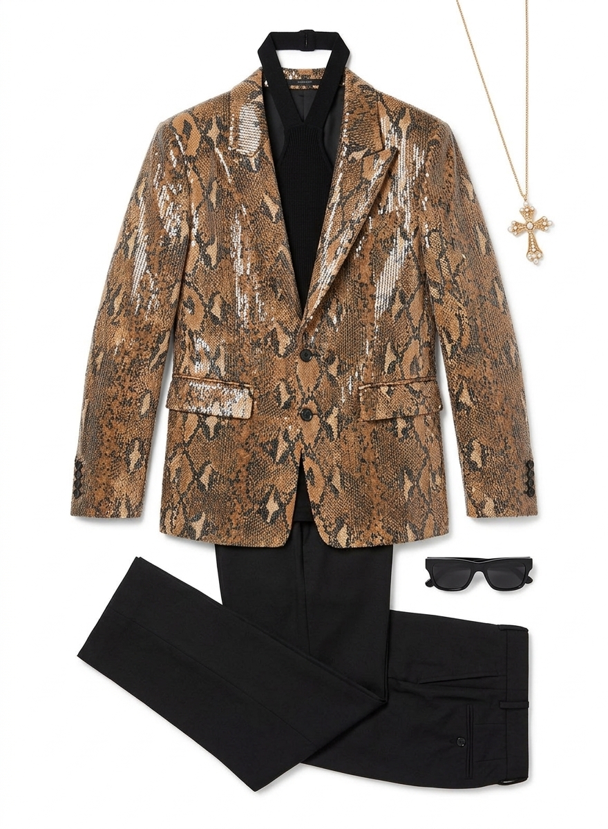 Brown Snake Effect Sequin Blazer