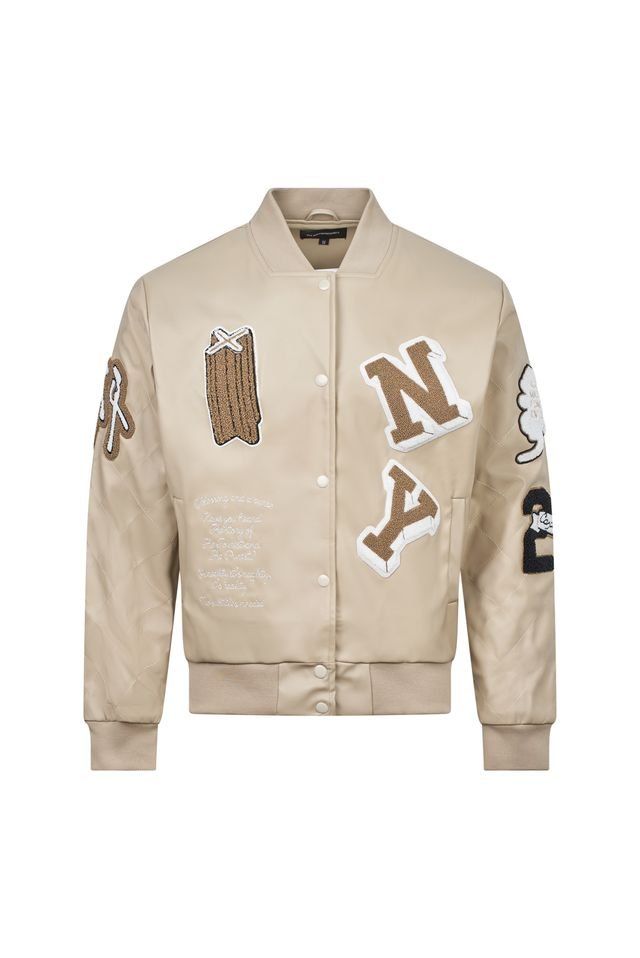 Beige Varsity Patch Jacket โ Slim Fit