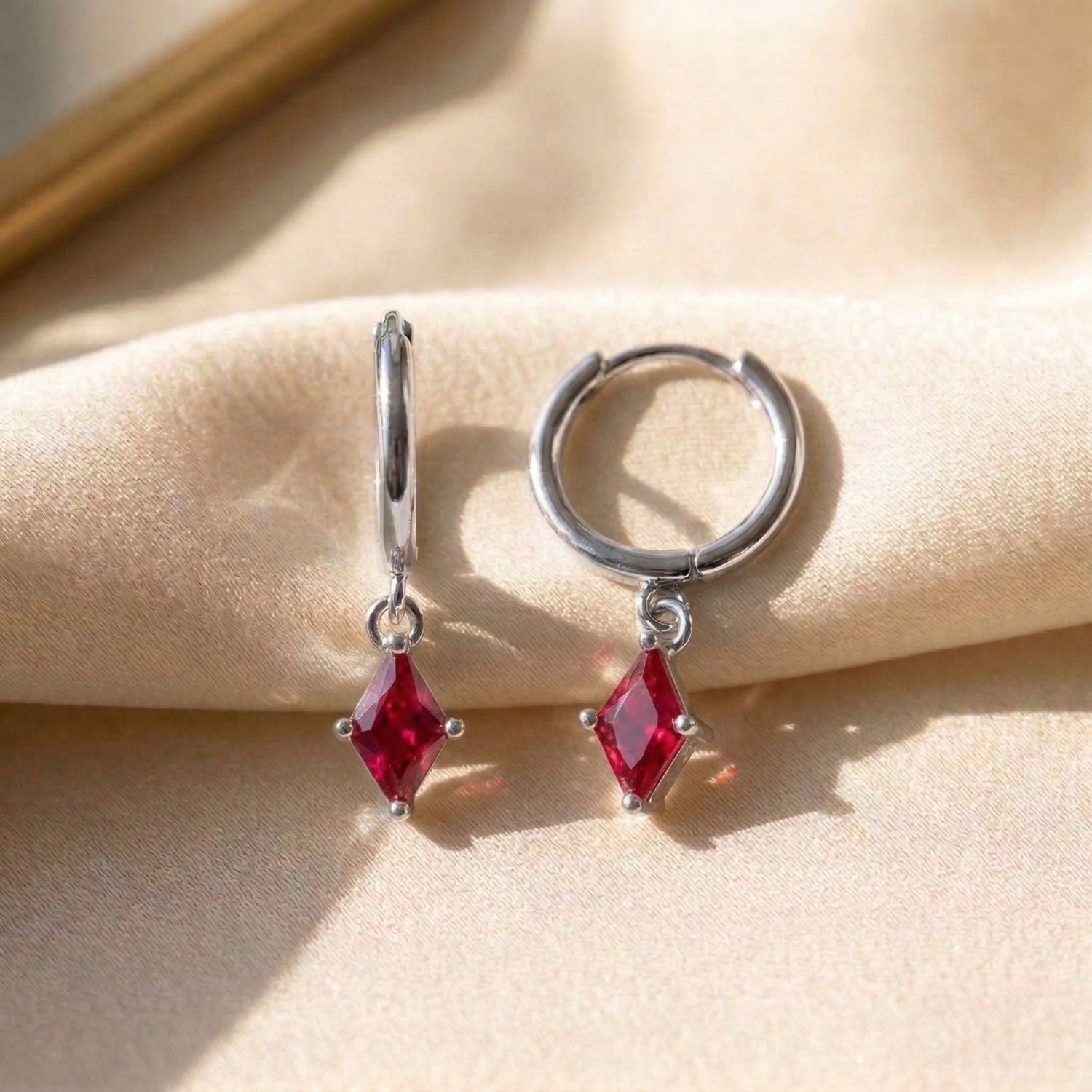Ruby July Birthstone Silver Delicate Dangle Hoops