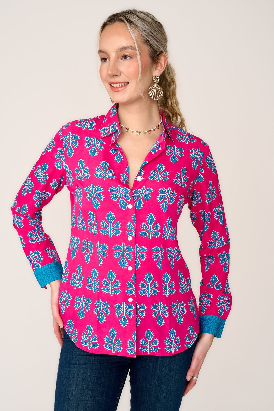 Mayfair Shirt In Pink & Blue Thistle with Contrast Cuff