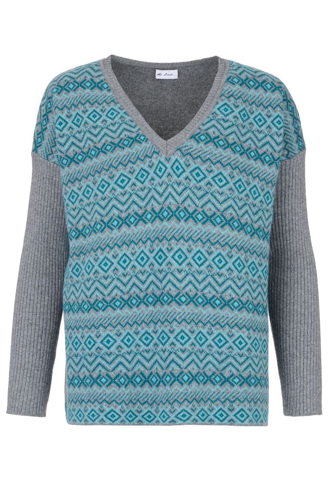 Double Ply Fairisle Cashmere Mix Sweater In Aqua & Grey