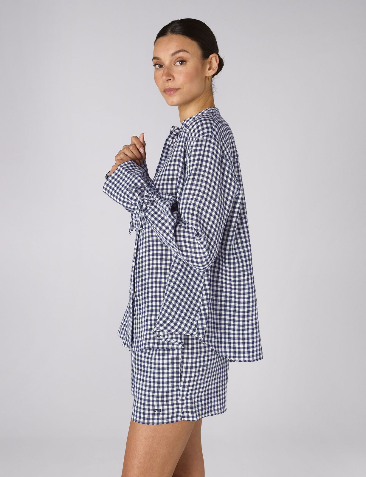 The Set: Linen Blouse & Court Short, Navy Blue Gingham