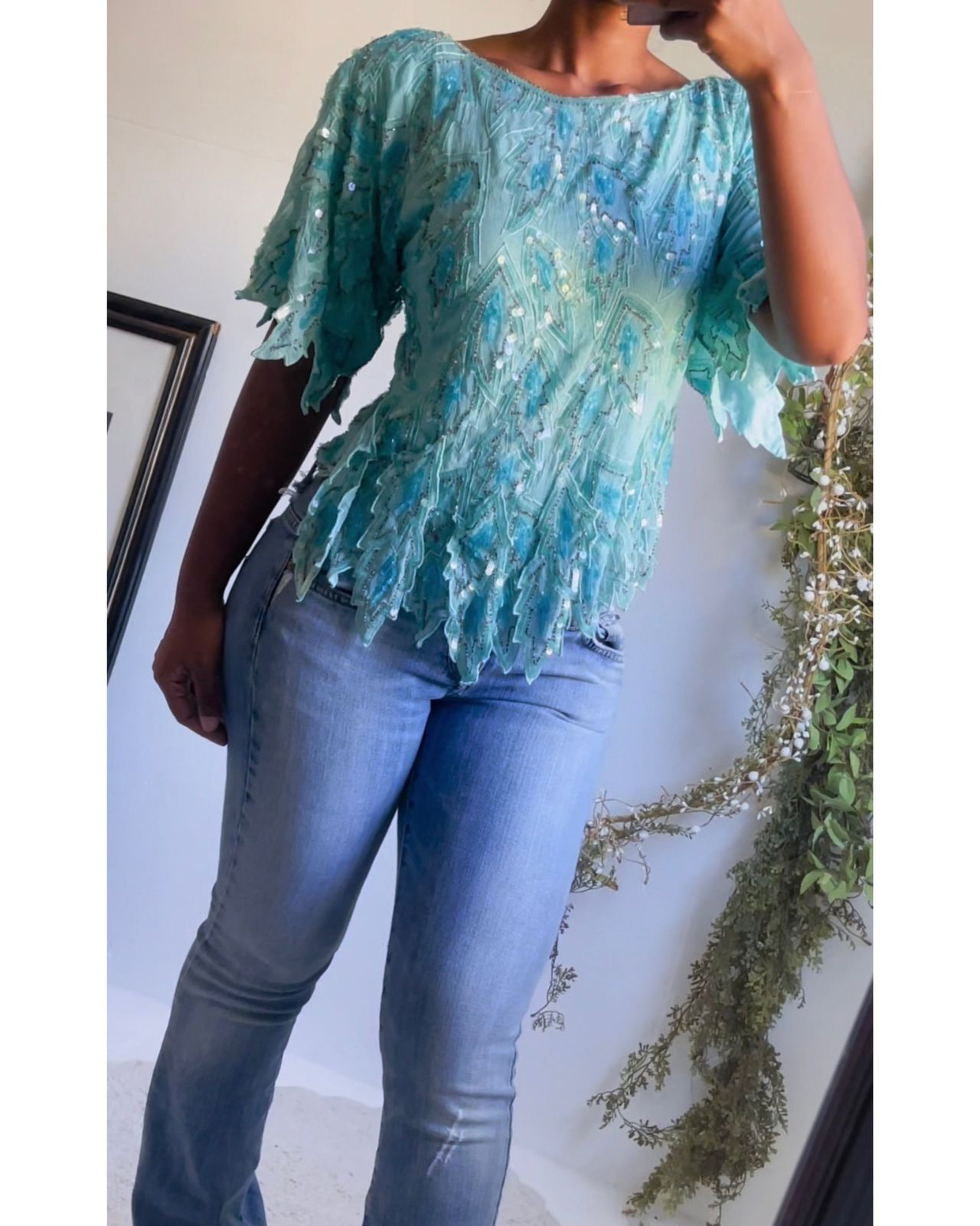 Rare Vintage 80’s Beaded Light Blue Silk Top