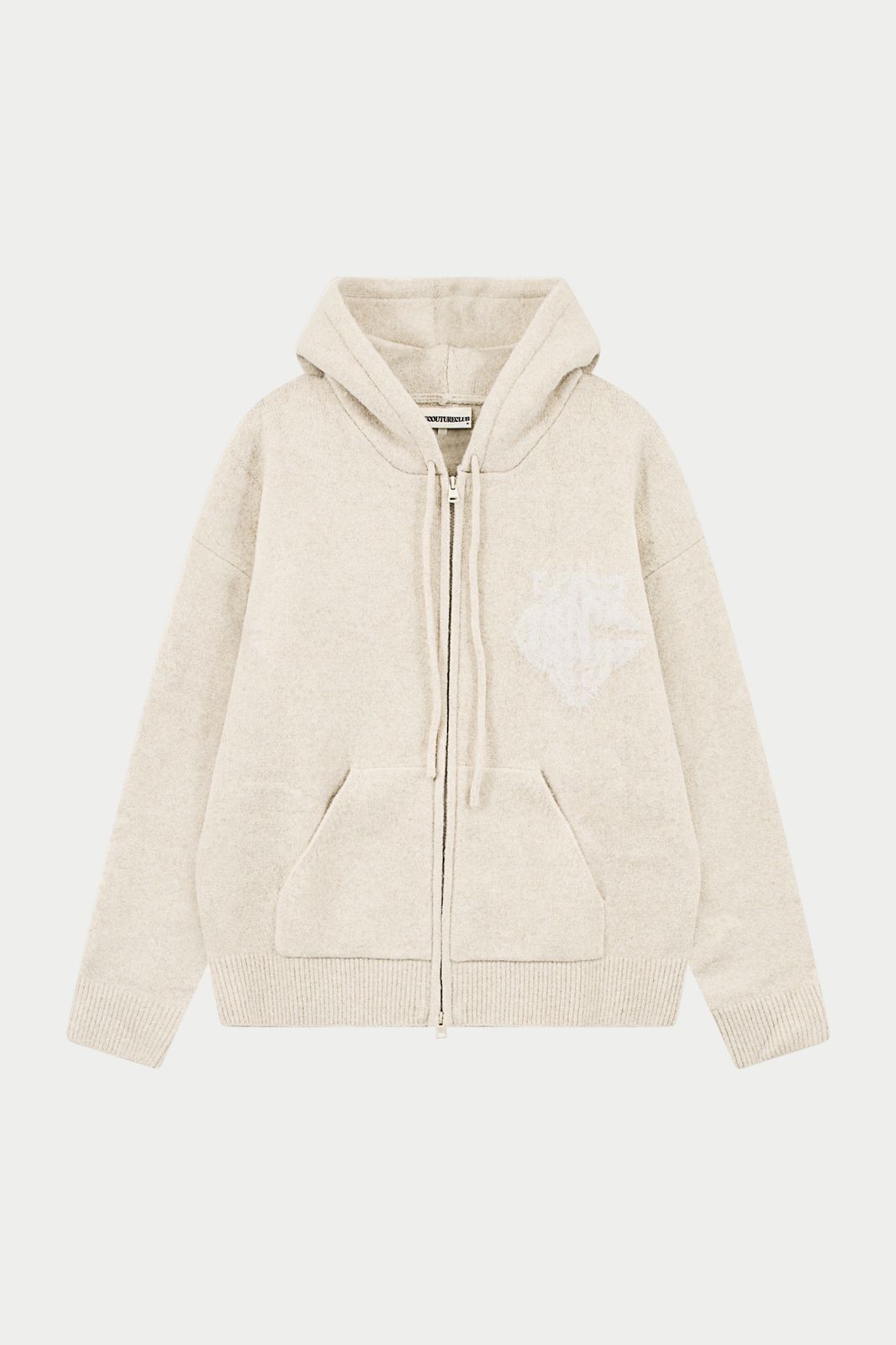 MONOGRAM FLUFFY KNIT ZIP THROUGH HOODIE - BEIGE