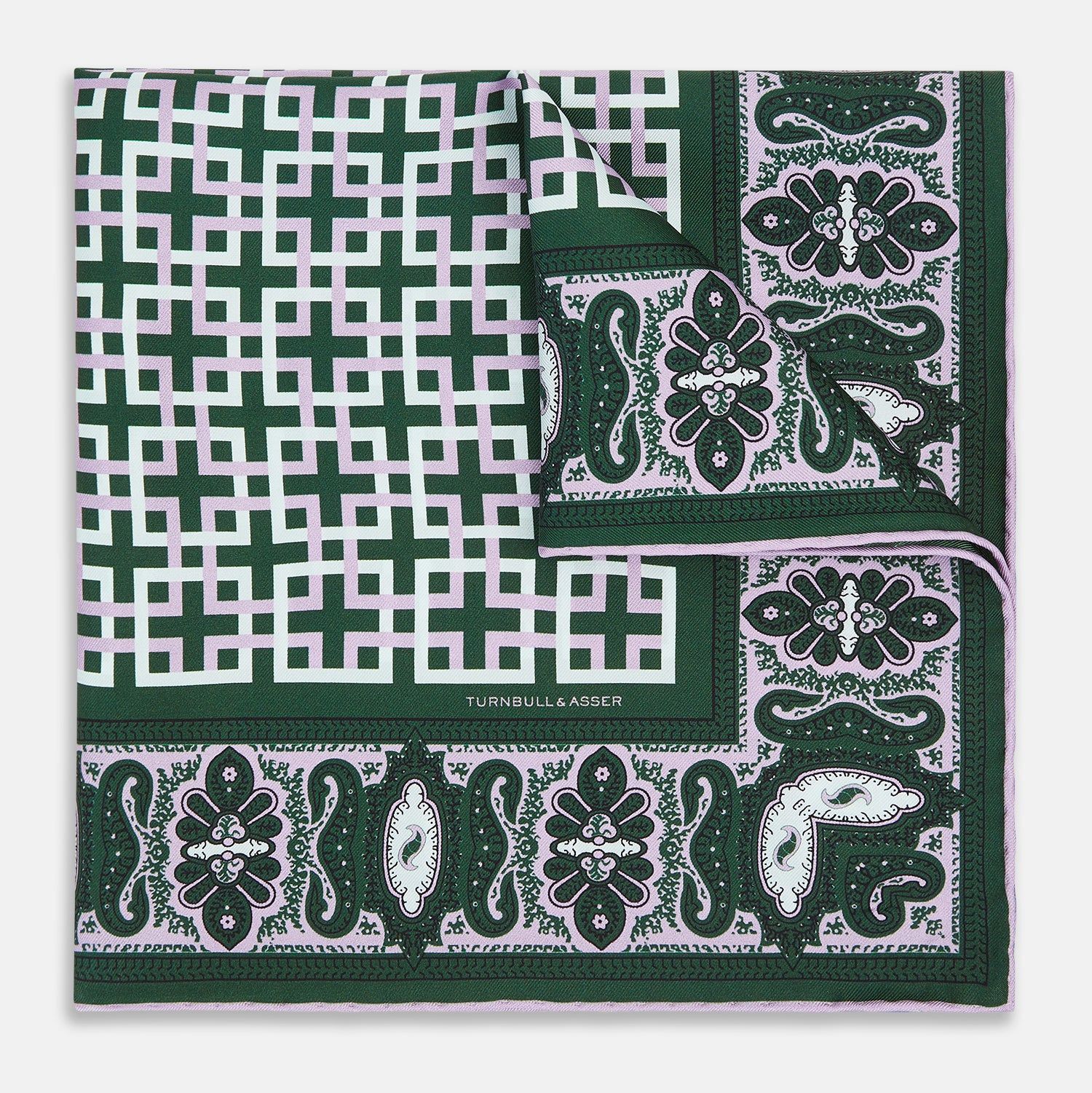 Forest Green Square-Patterned and Paisley Patterned Silk Pocket Square