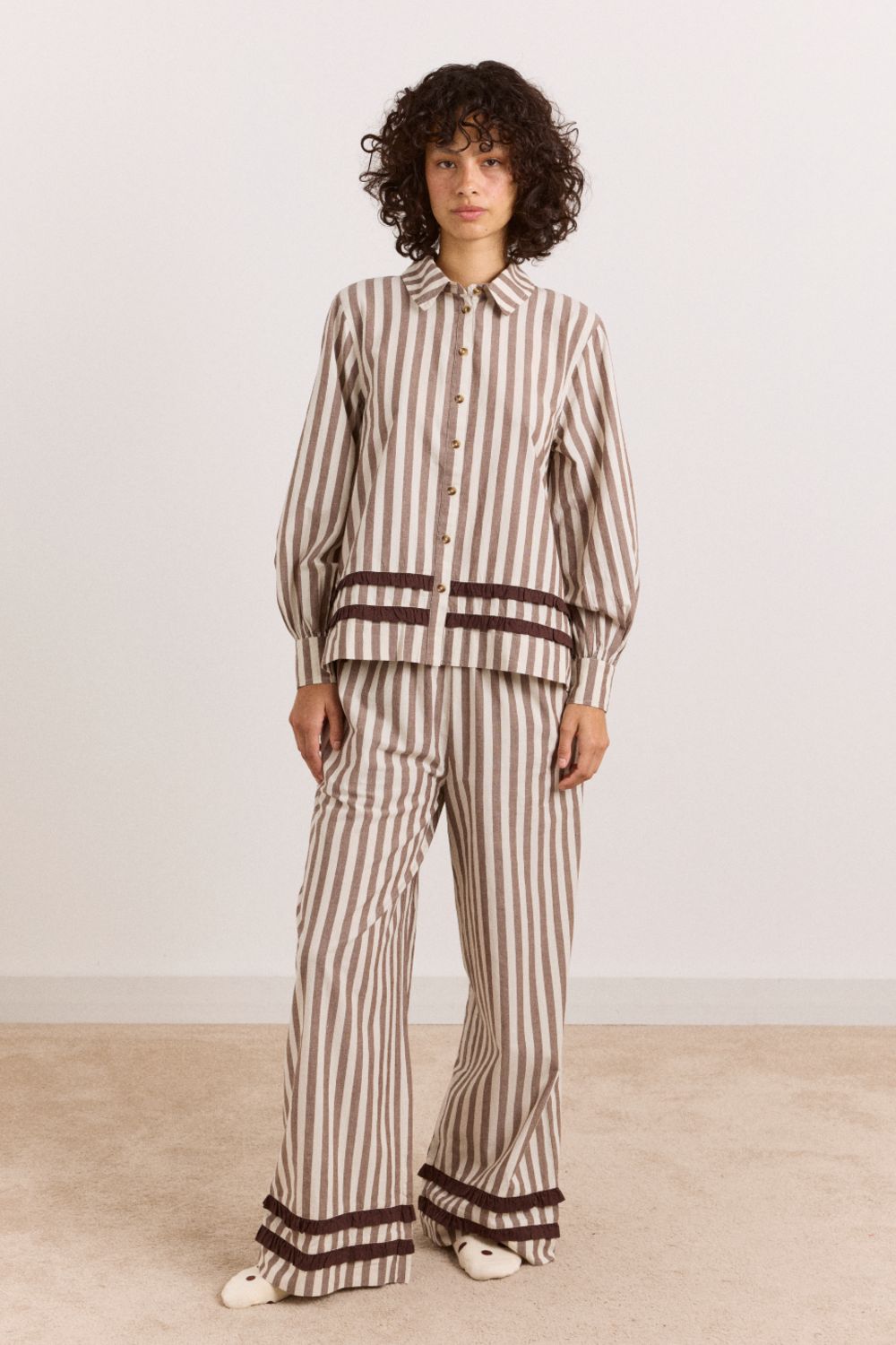 Izzy Pyjama Set - Choc Ecru Stripe