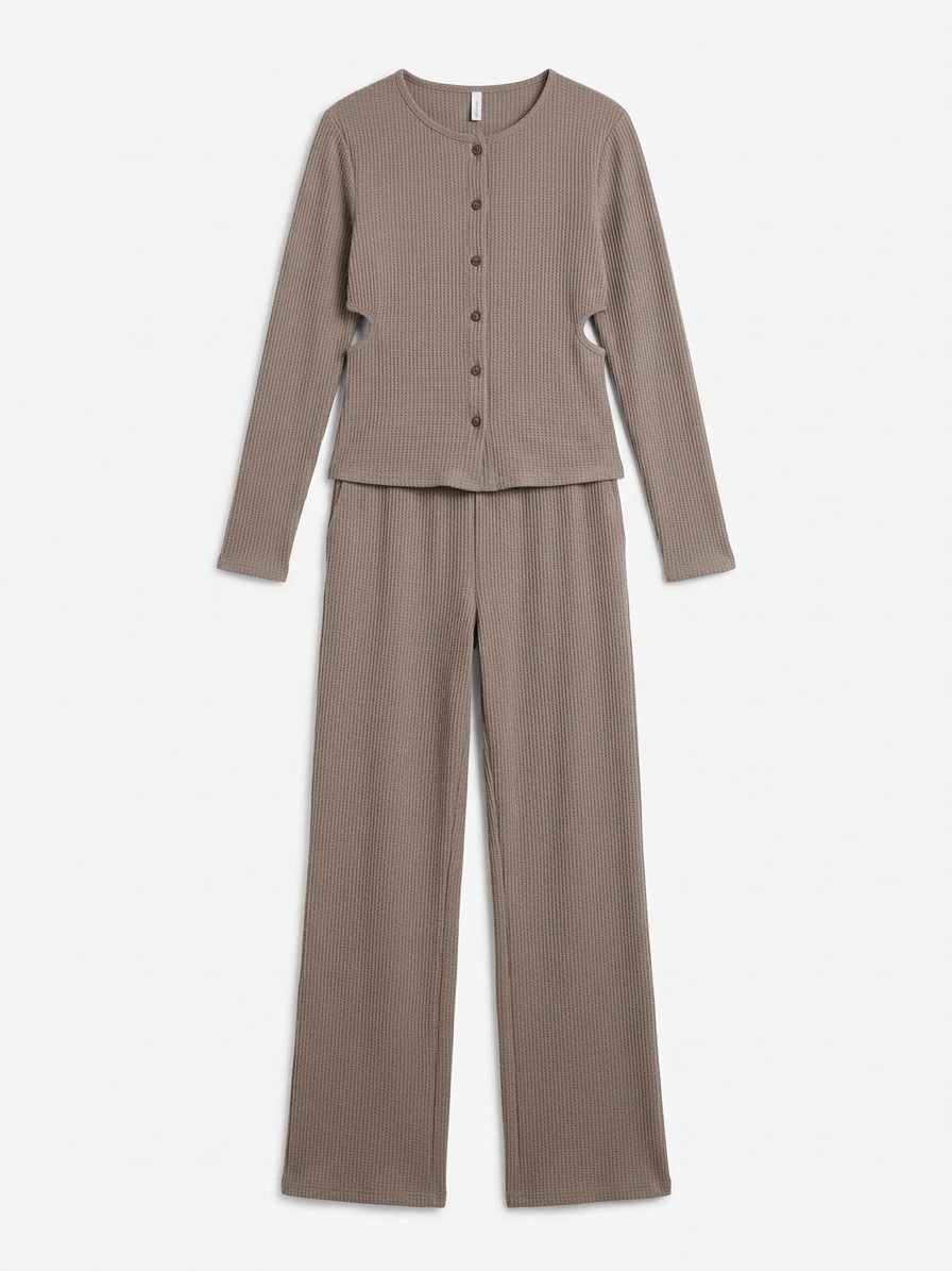 Womens Waffle Straight Leg Trouser In Taupe