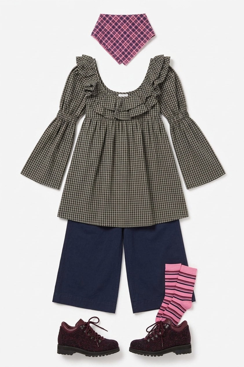 Pheonix Ruffle Mini Dress - Navy Green Check