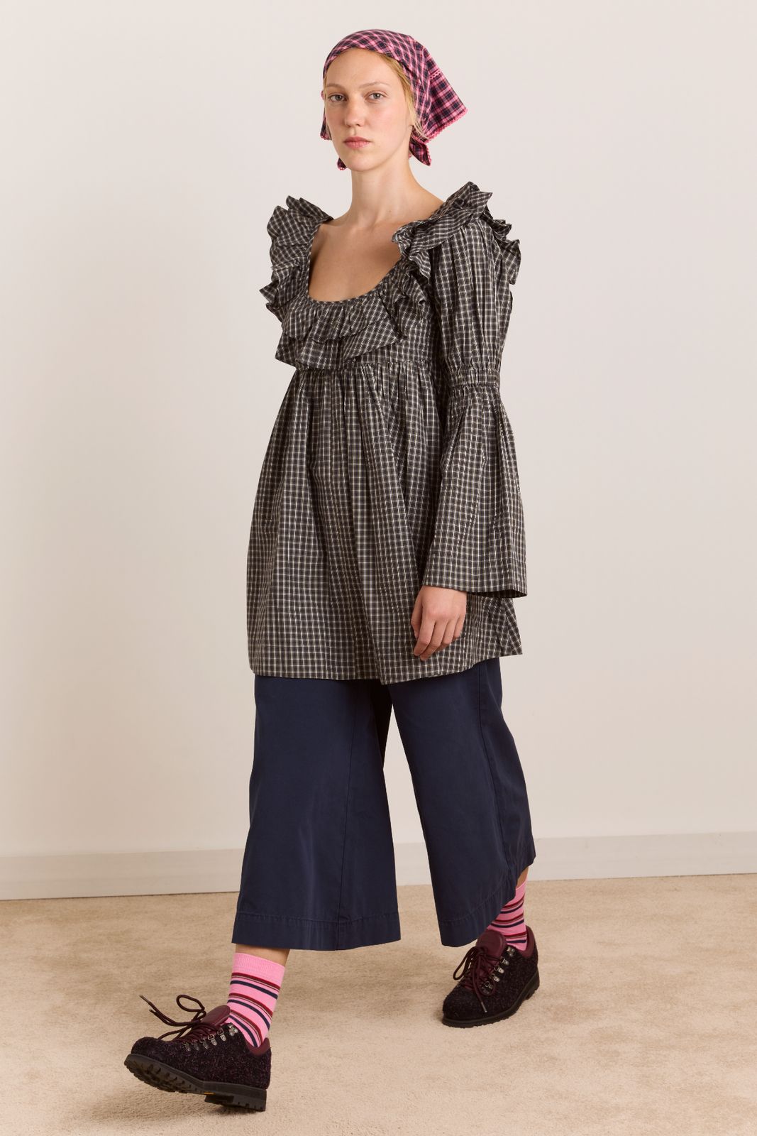 Pheonix Ruffle Mini Dress - Navy Green Check