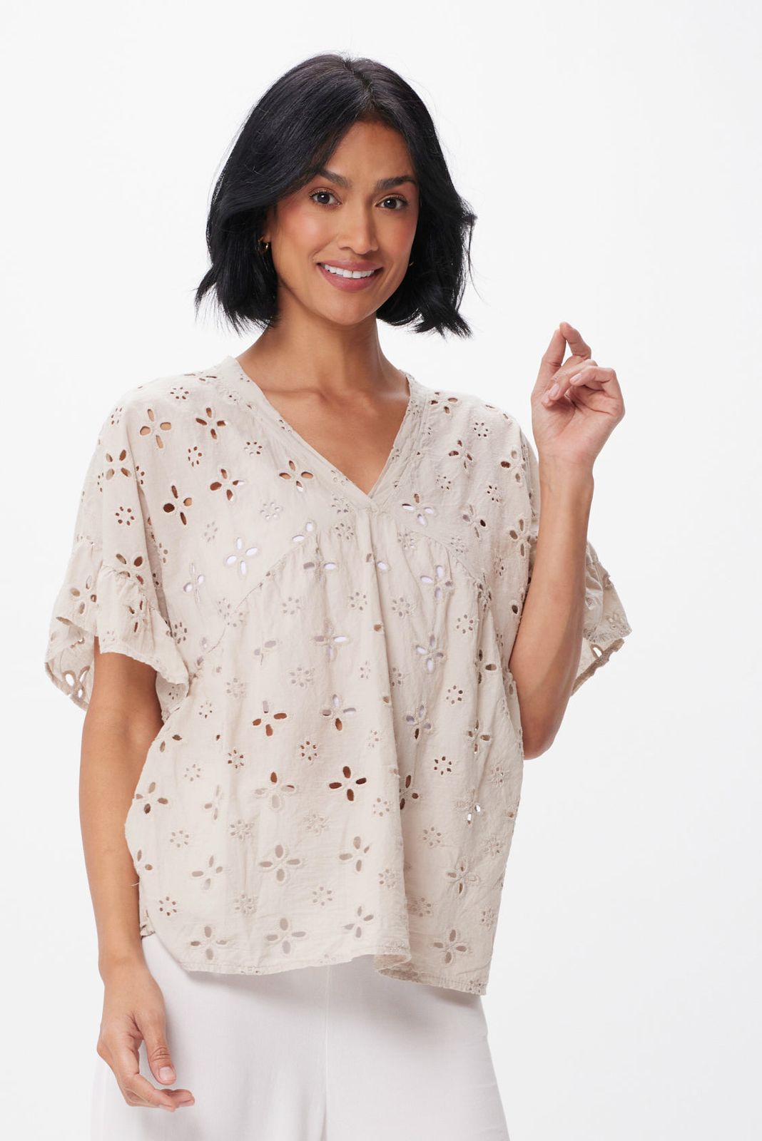 Petula Broderie Anglais Frill Sleeve Tee