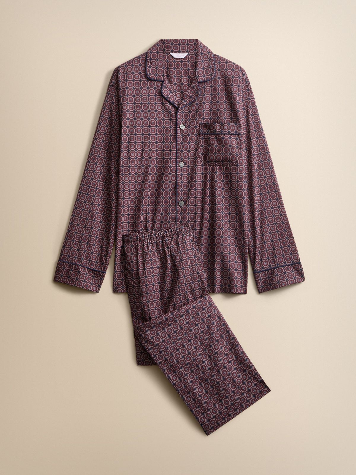 Ledbury Cotton Batiste Pyjamas Night Navy & Wine Geo