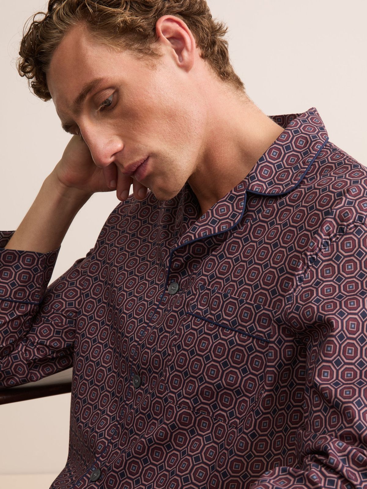 Ledbury Cotton Batiste Pyjamas Night Navy & Wine Geo
