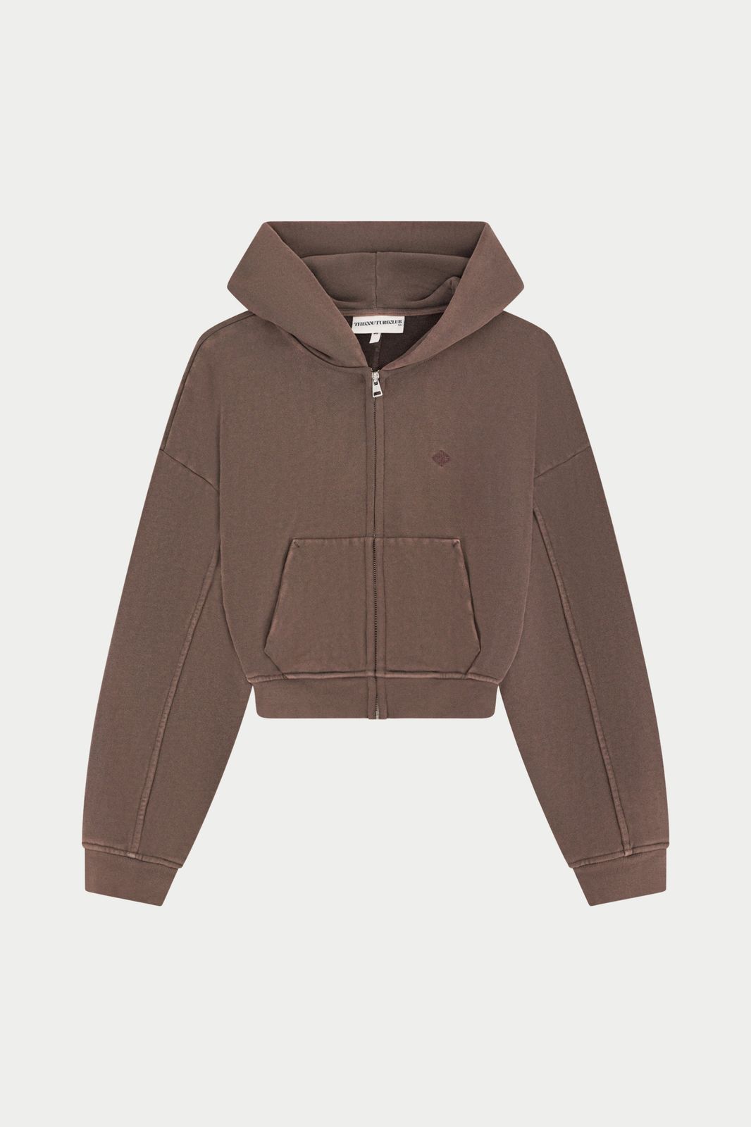 WASHED ZIP THROUGH CROPPED HOODIE - CHOCOLATE